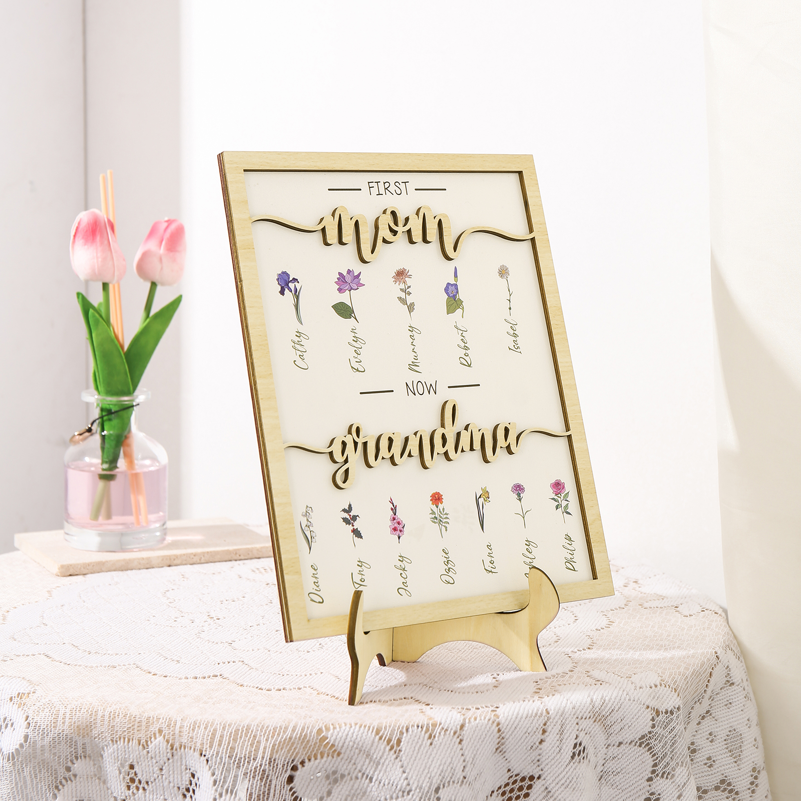 12 Names - Personalized Customized Birth Flower Home Frame Wooden Decoration for Mom/Grandma