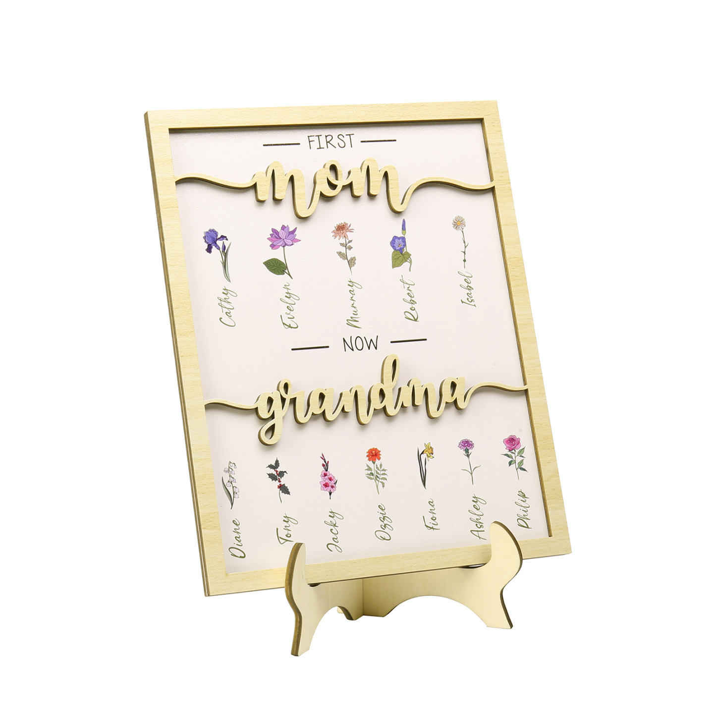 12 Names - Personalized Customized Birth Flower Home Frame Wooden Decoration for Mom/Grandma