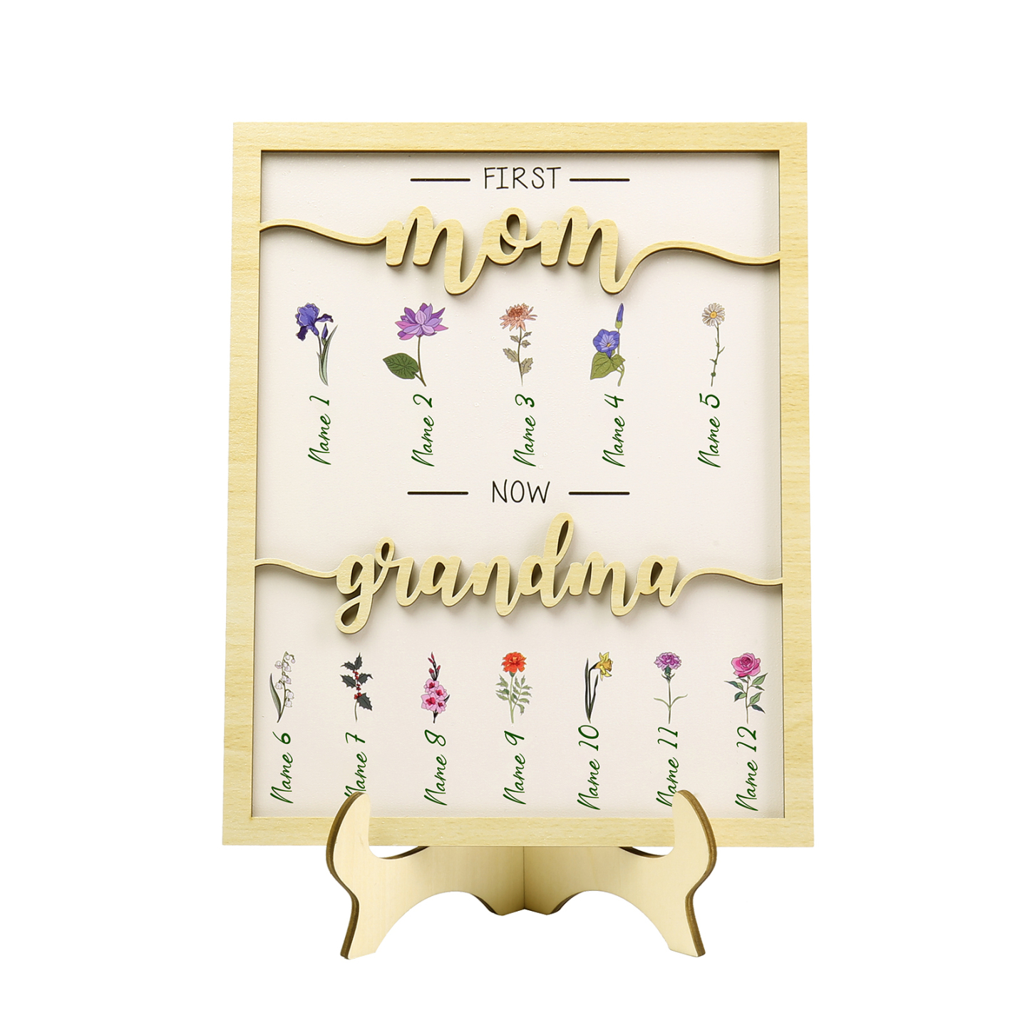 12 Names - Personalized Customized Birth Flower Home Frame Wooden Decoration for Mom/Grandma