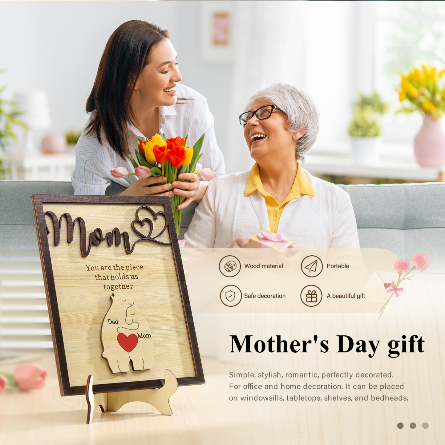 2 Names - Personalized Home Frame Wooden Ornaments Cute Bear Style Customizable 2 Text Ornaments For Mom