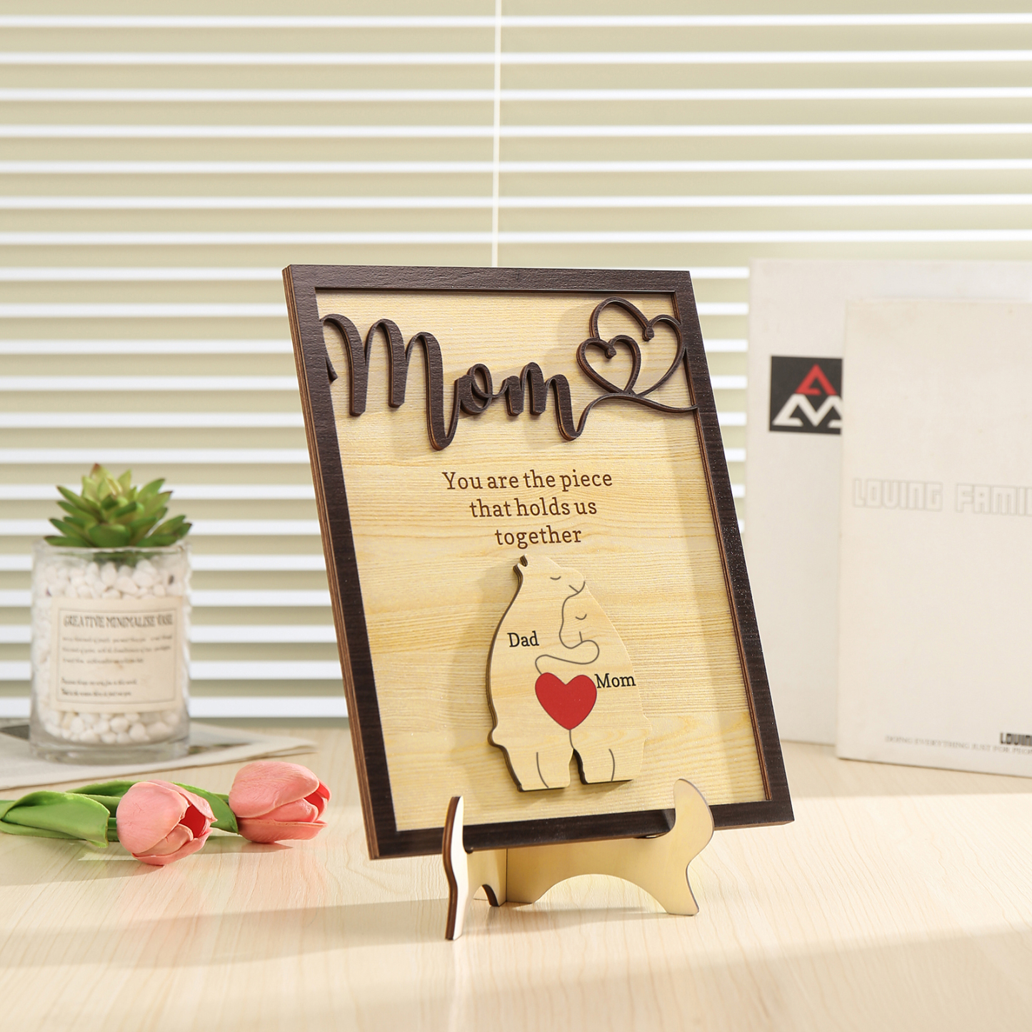 2 Names - Personalized Home Frame Wooden Ornaments Cute Bear Style Customizable 2 Text Ornaments For Mom