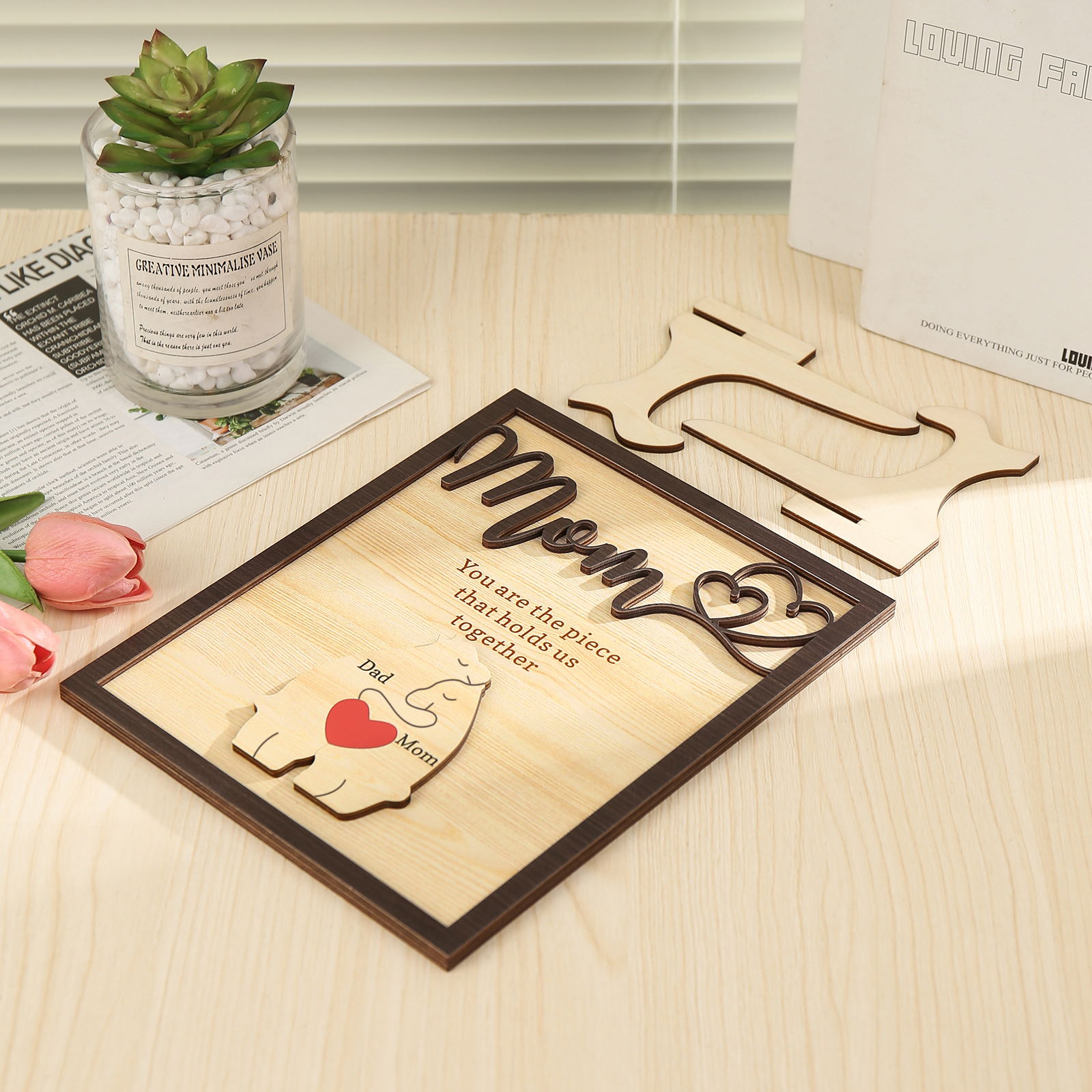 2 Names - Personalized Home Frame Wooden Ornaments Cute Bear Style Customizable 2 Text Ornaments For Mom