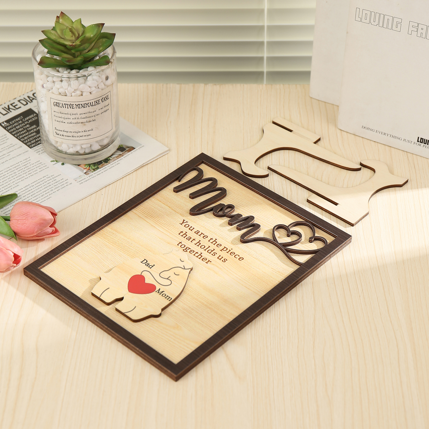 2 Names - Personalized Home Frame Wooden Ornaments Cute Bear Style Customizable 2 Text Ornaments For Mom