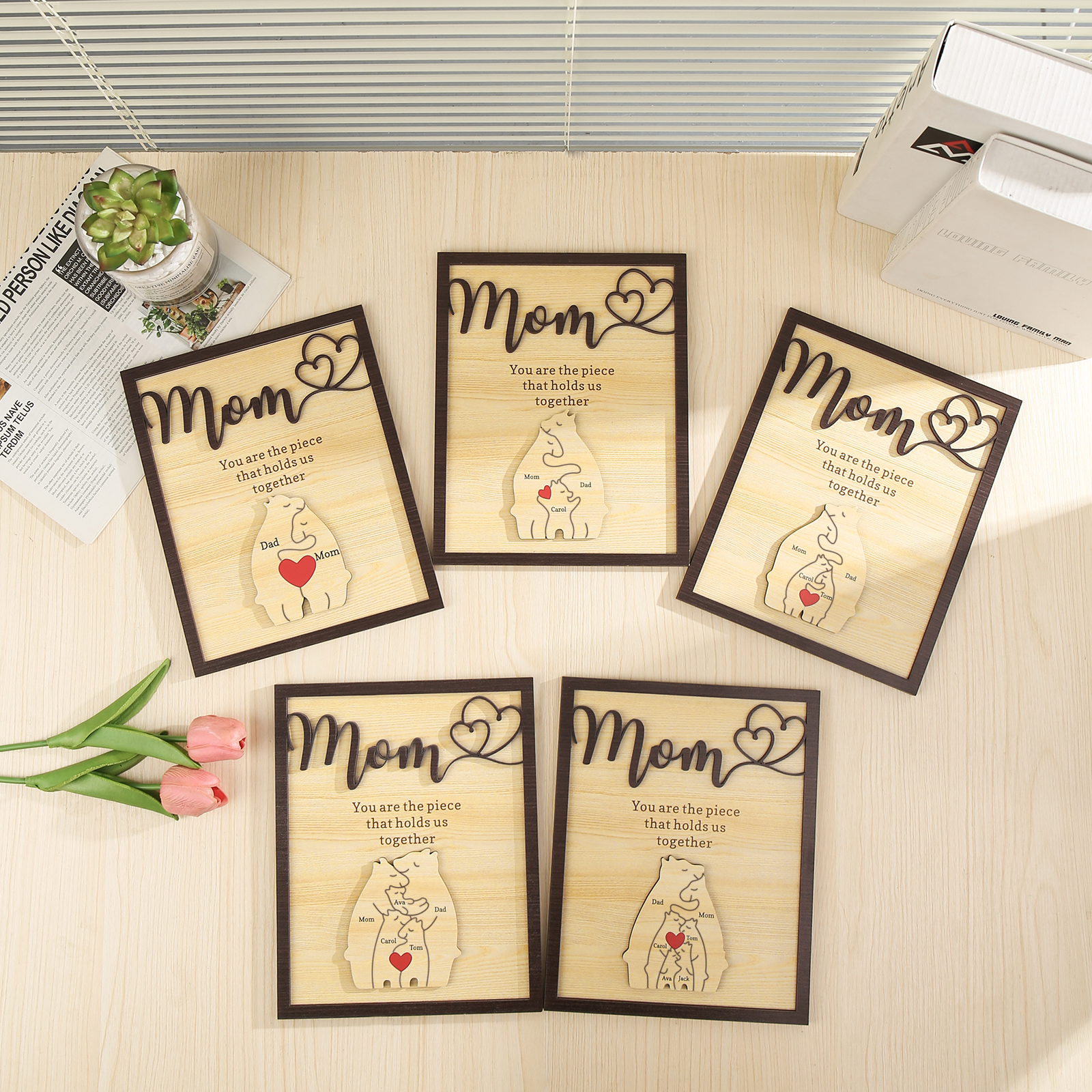 2 Names - Personalized Home Frame Wooden Ornaments Cute Bear Style Customizable 2 Text Ornaments For Mom