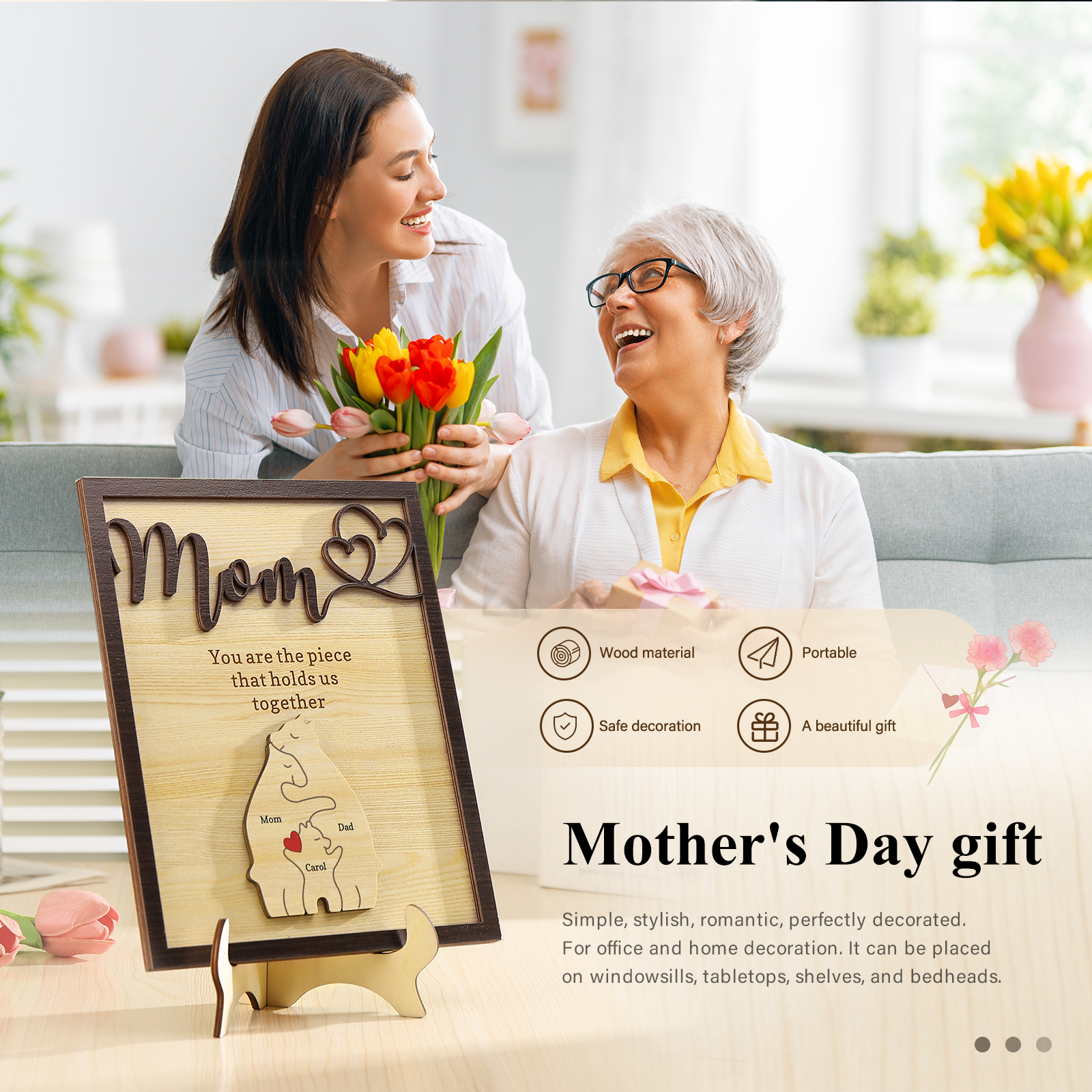 3 Names - Personalized Home Frame Wooden Ornaments Cute Bear Style Ornaments for Mom