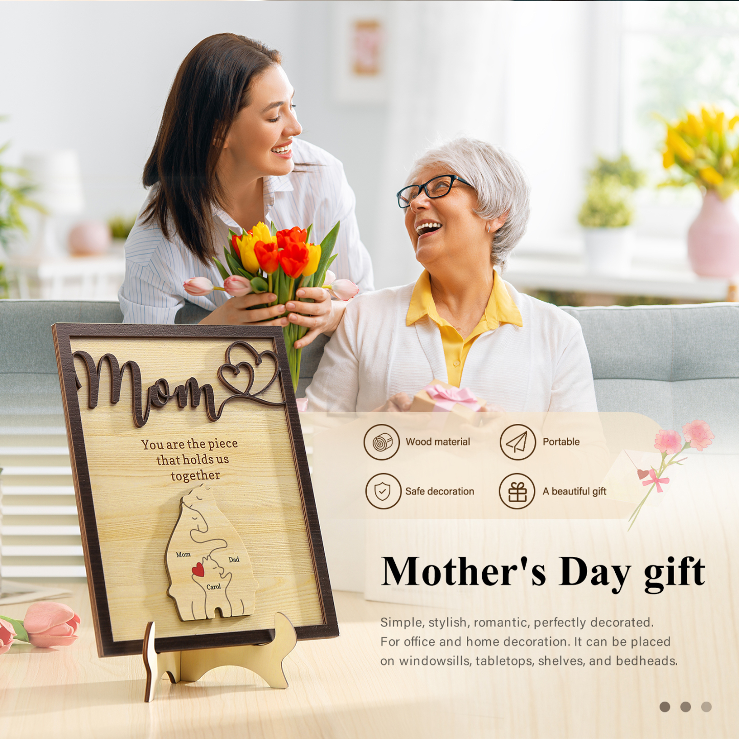 3 Names - Personalized Home Frame Wooden Ornaments Cute Bear Style Ornaments for Mom