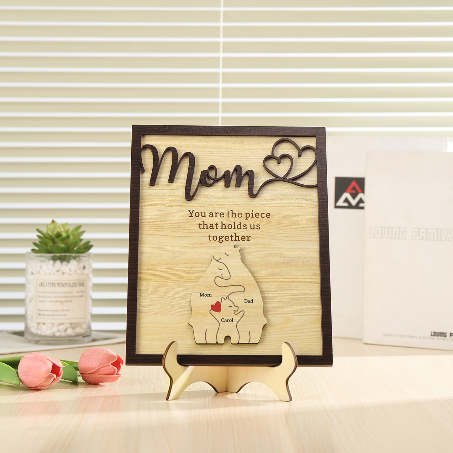 3 Names - Personalized Home Frame Wooden Ornaments Cute Bear Style Ornaments for Mom