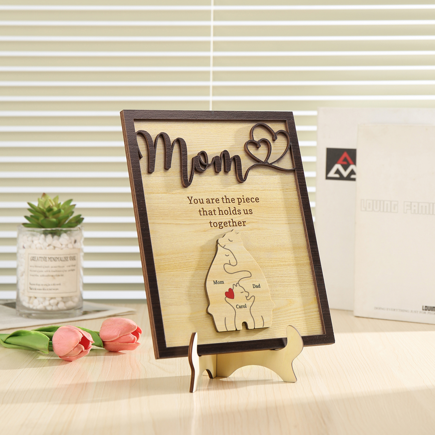 3 Names - Personalized Home Frame Wooden Ornaments Cute Bear Style Ornaments for Mom