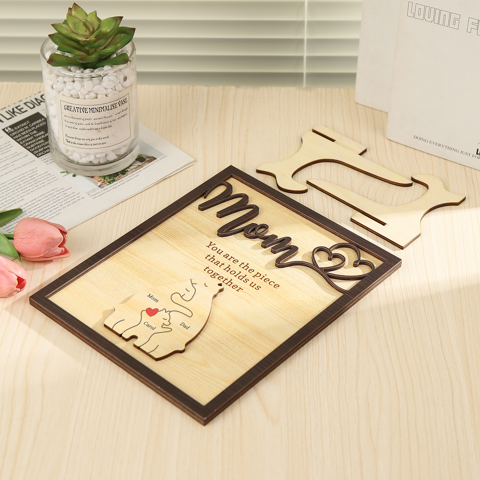 3 Names - Personalized Home Frame Wooden Ornaments Cute Bear Style Ornaments for Mom