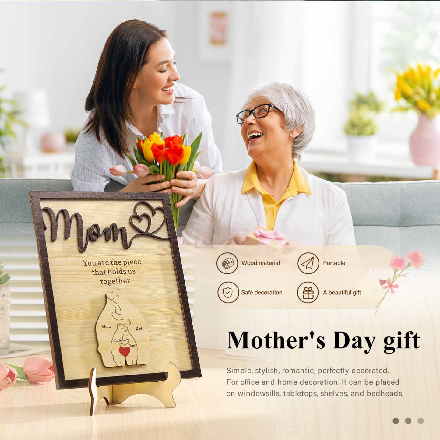 4 Names - Personalized Home Frame Wooden Ornaments Cute Bear Style Ornaments for Mom