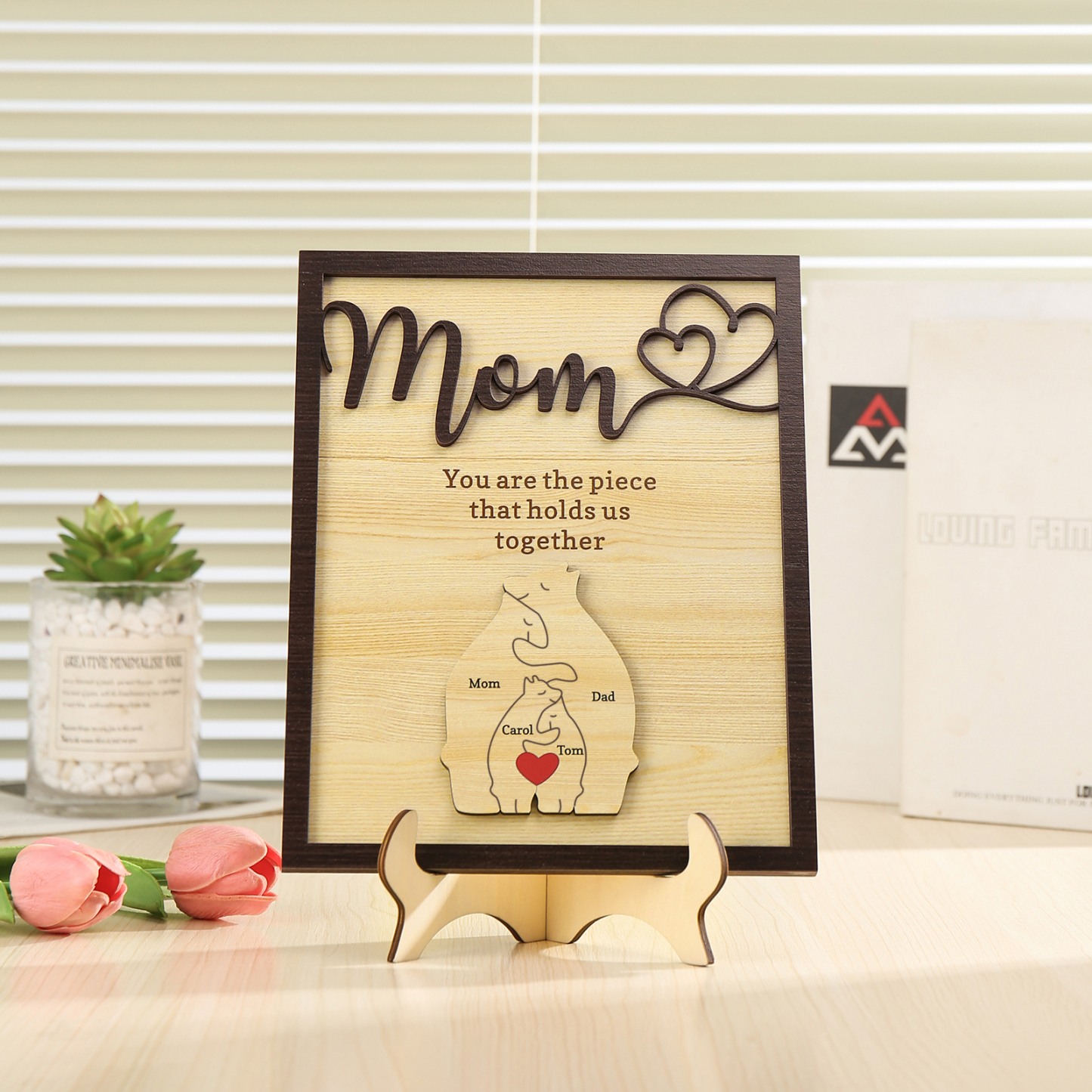 4 Names - Personalized Home Frame Wooden Ornaments Cute Bear Style Ornaments for Mom