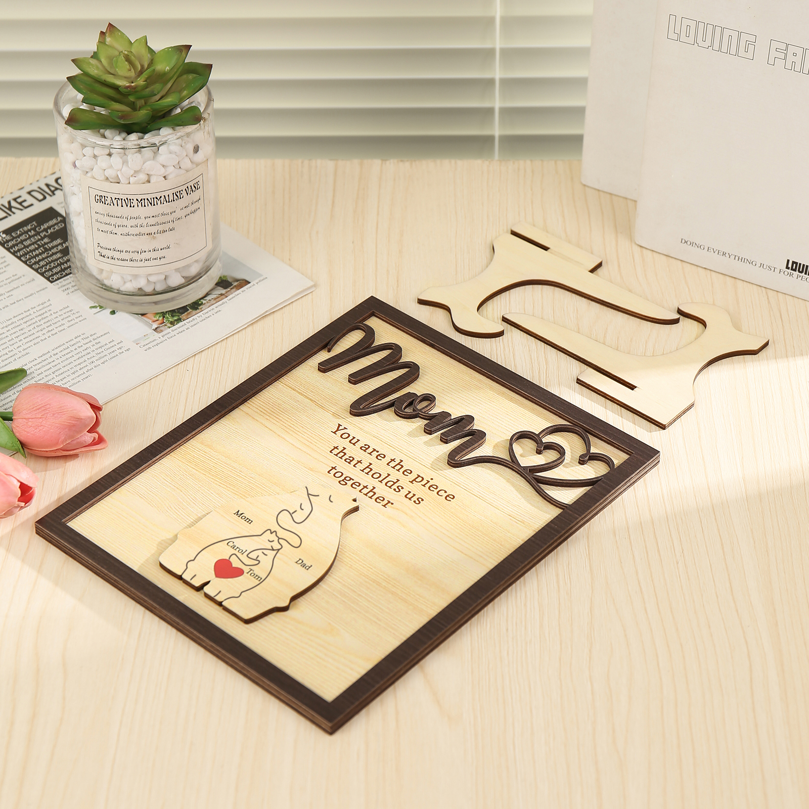 4 Names - Personalized Home Frame Wooden Ornaments Cute Bear Style Ornaments for Mom