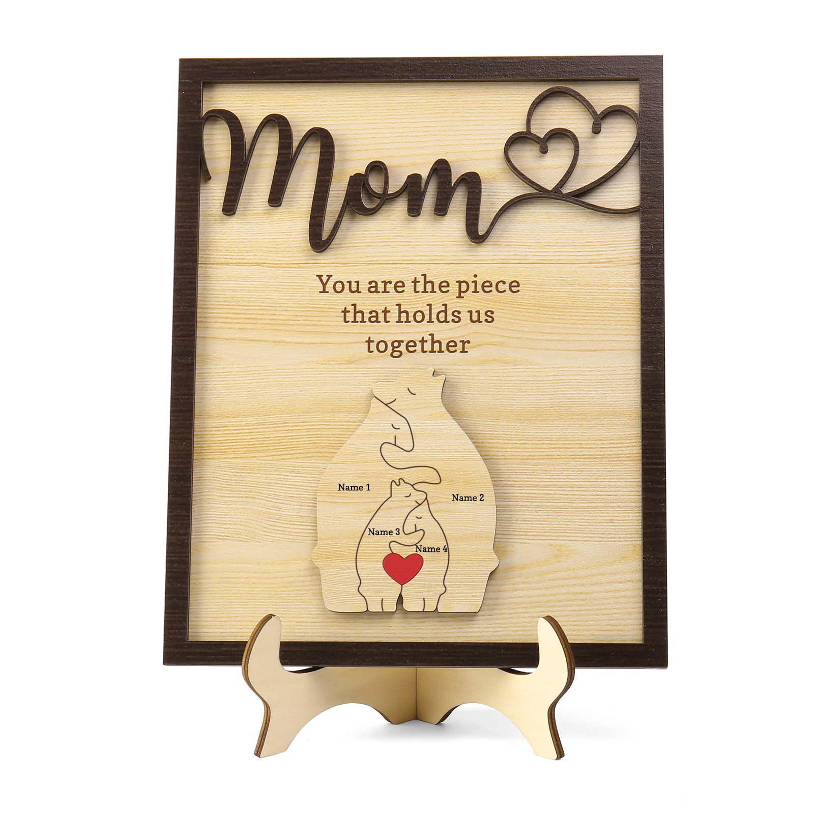4 Names - Personalized Home Frame Wooden Ornaments Cute Bear Style Ornaments for Mom