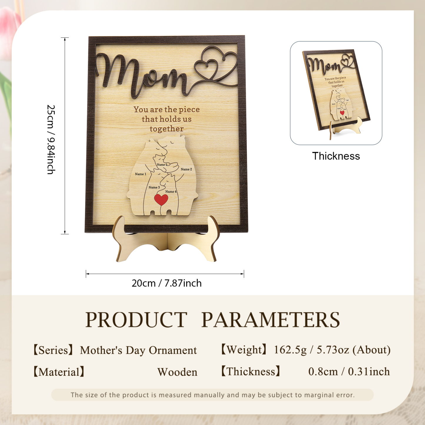 5 Names - Personalized Home Frame Wooden Ornaments Cute Bear Style Ornaments for Mom