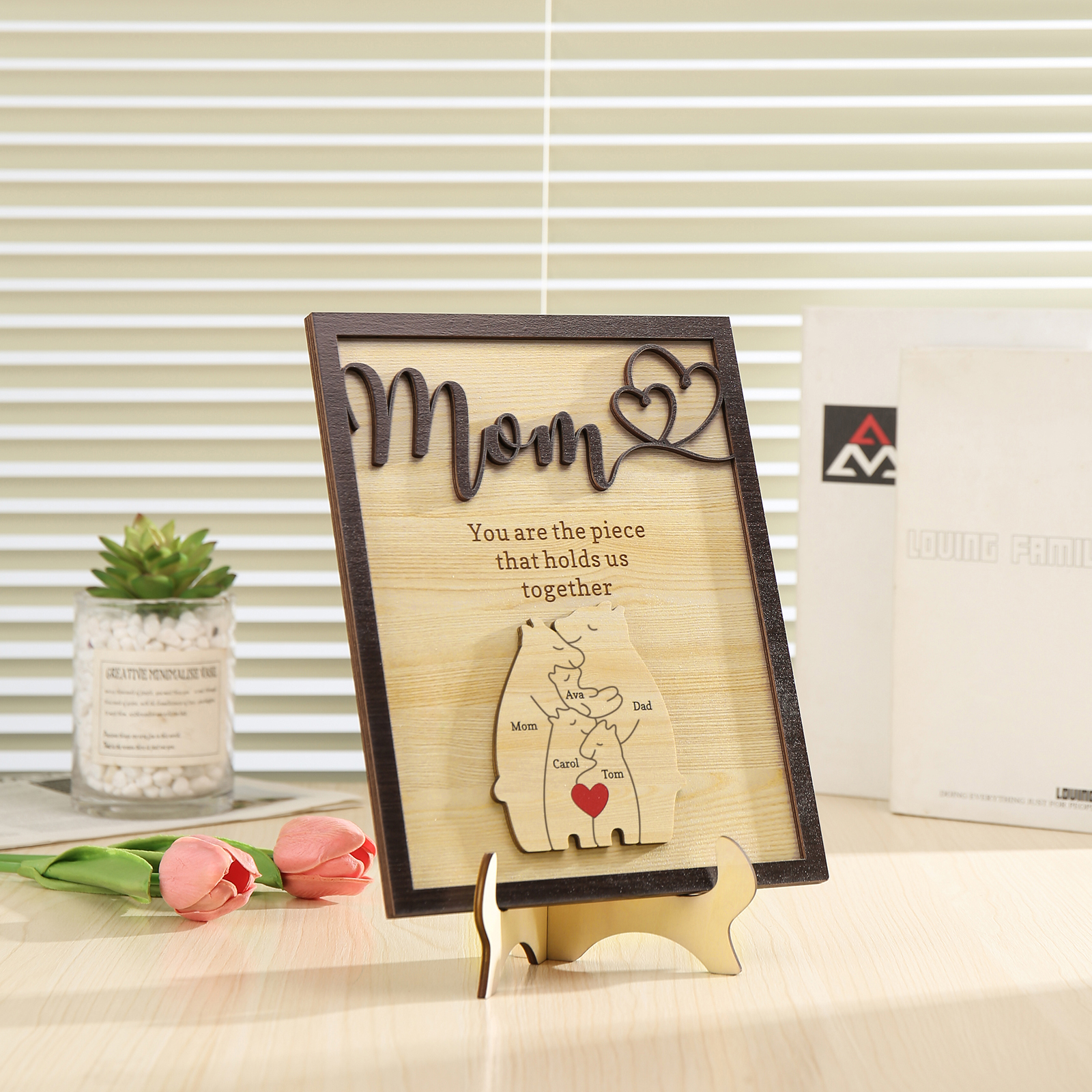 5 Names - Personalized Home Frame Wooden Ornaments Cute Bear Style Ornaments for Mom