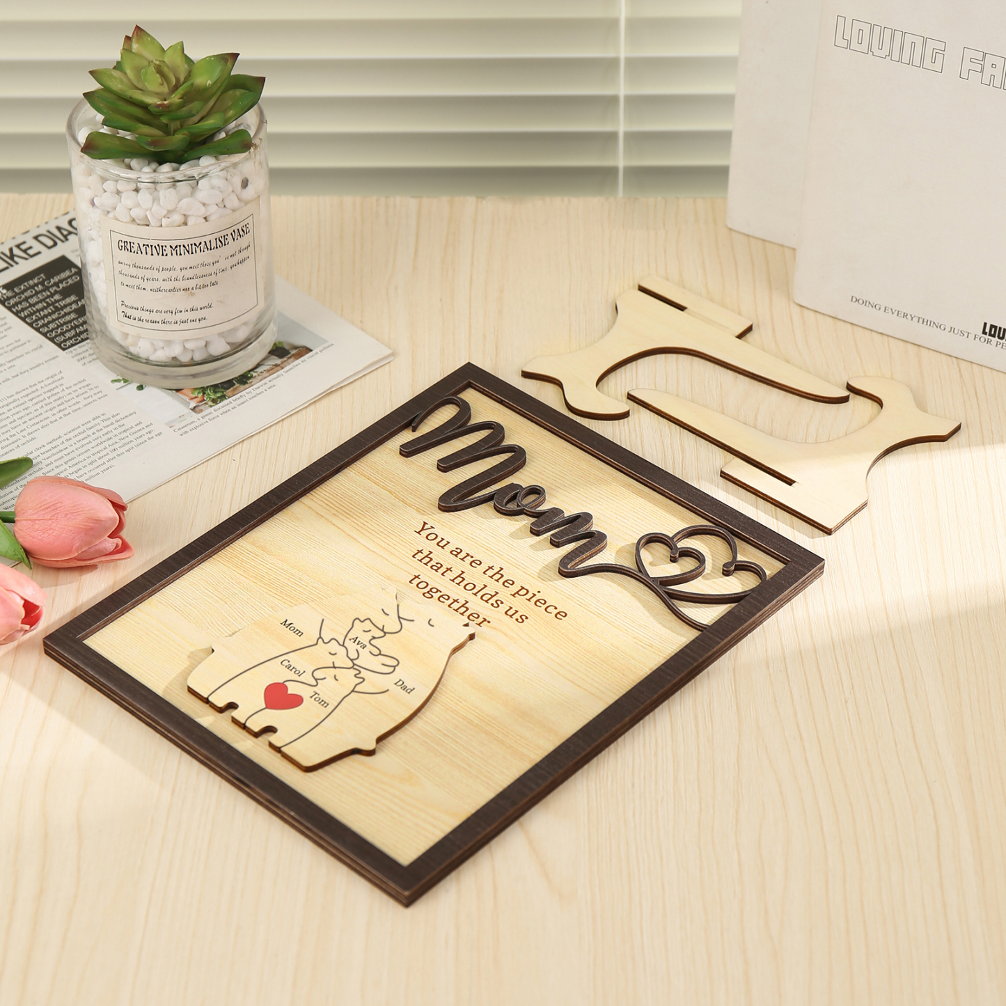 5 Names - Personalized Home Frame Wooden Ornaments Cute Bear Style Ornaments for Mom