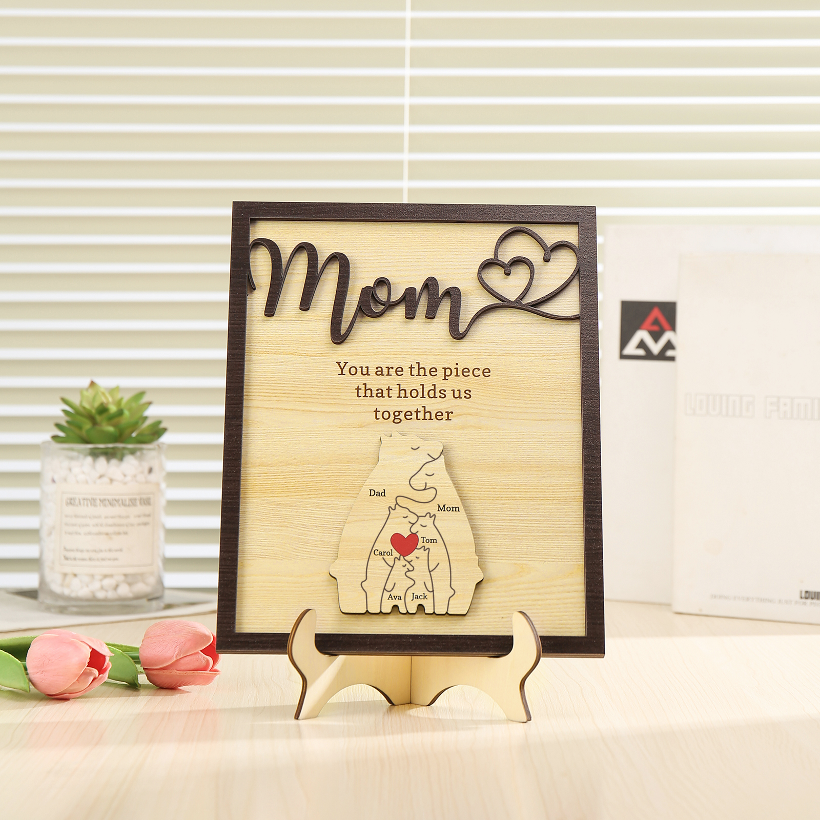 6 Names - Personalized Home Frame Wooden Ornaments Cute Bear Style Ornaments for Mom