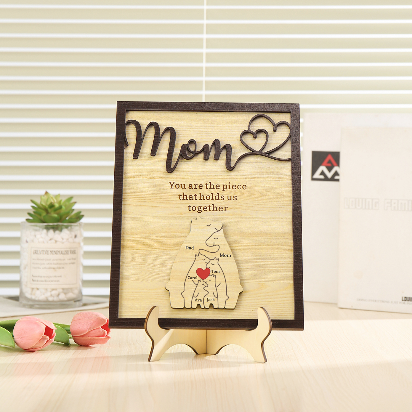 6 Names - Personalized Home Frame Wooden Ornaments Cute Bear Style Ornaments for Mom