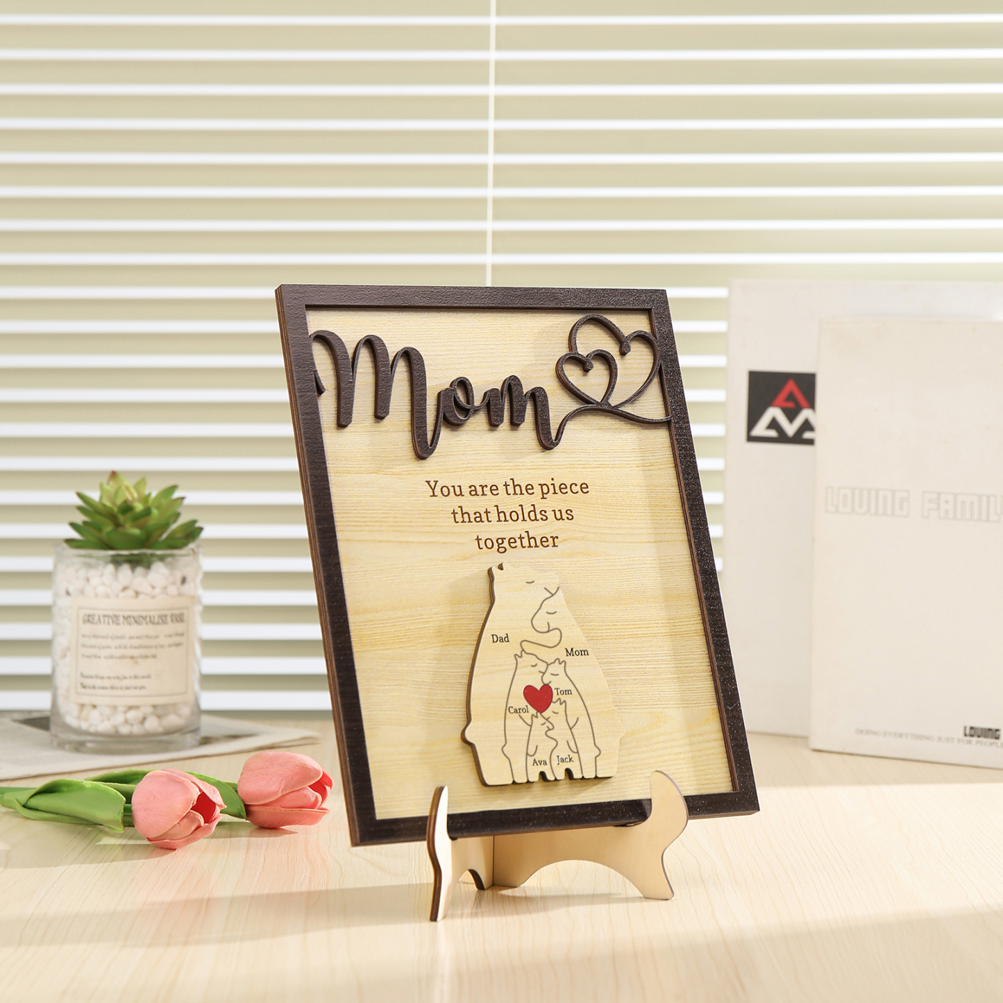 6 Names - Personalized Home Frame Wooden Ornaments Cute Bear Style Ornaments for Mom