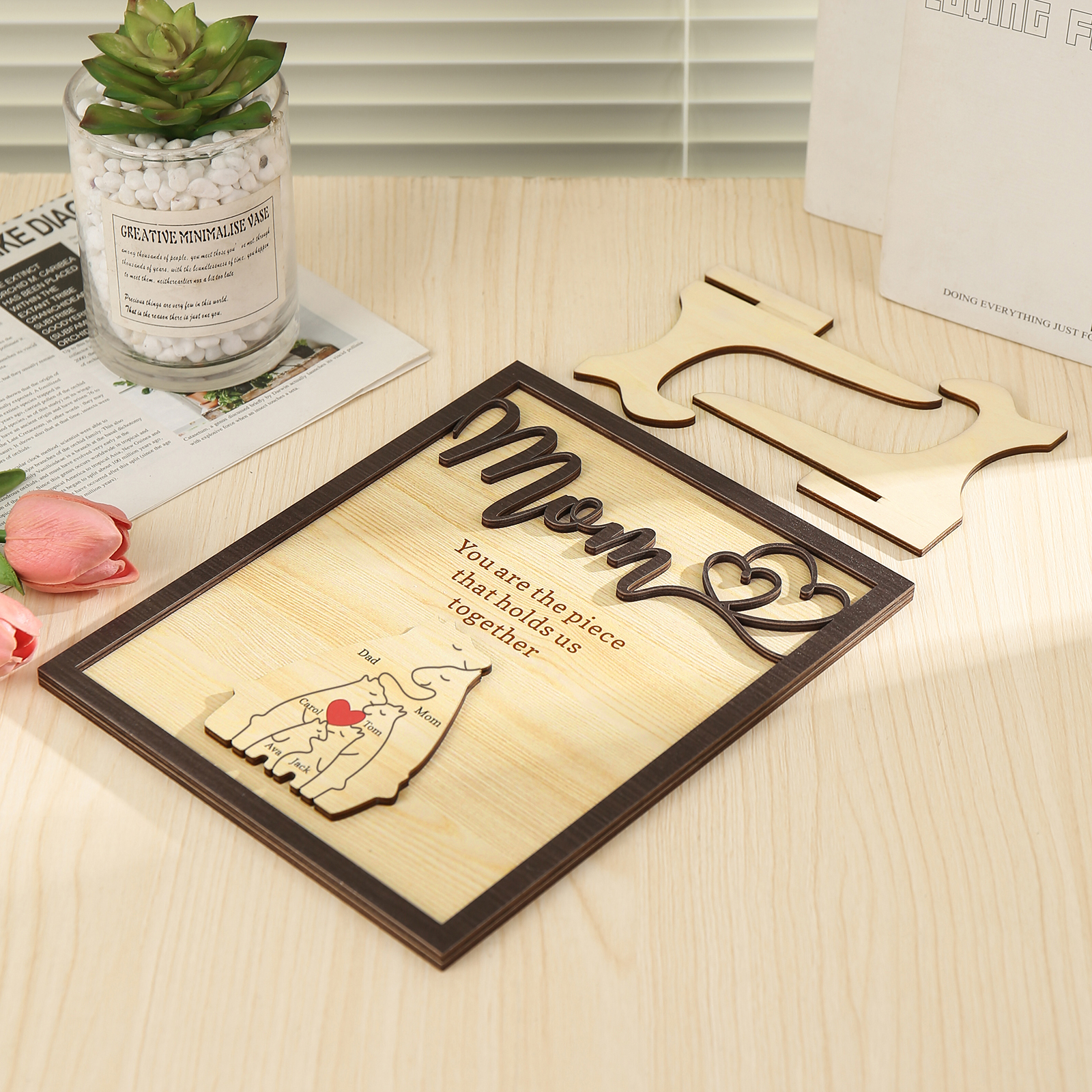 6 Names - Personalized Home Frame Wooden Ornaments Cute Bear Style Ornaments for Mom