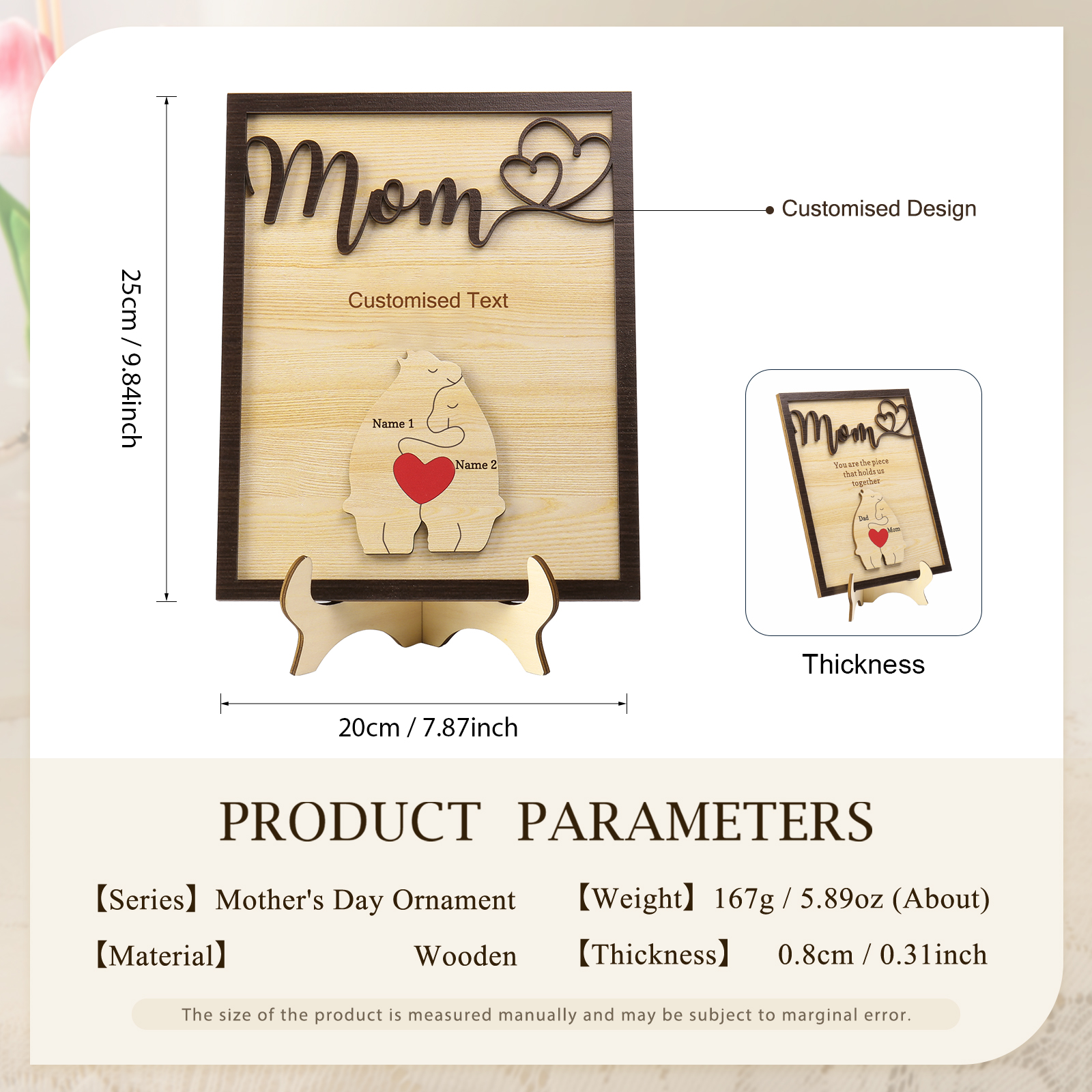 2 Names - Personalized Home Frame Wooden Ornaments Cute Bear Style Customizable 2 Text Ornaments For Mom