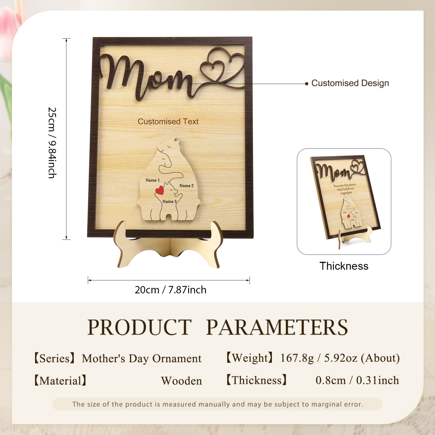 3 Names - Personalized Home Frame Wooden Ornaments Cute Bear Style Customizable 2 Text Ornaments For Mom