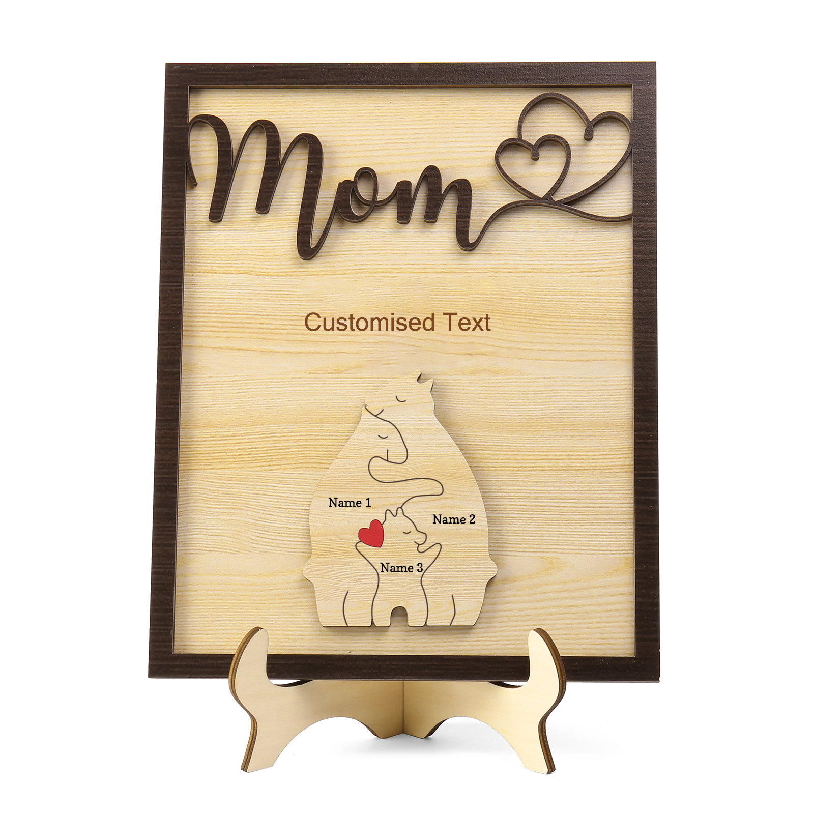 3 Names - Personalized Home Frame Wooden Ornaments Cute Bear Style Customizable 2 Text Ornaments For Mom