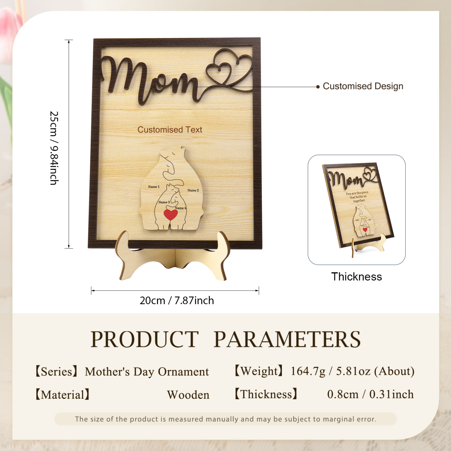 4 Names - Personalized Home Frame Wooden Ornaments Cute Bear Style Customizable 2 Text Ornaments For Mom