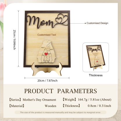 6 Names - Personalized Home Frame Wooden Ornaments Cute Bear Style Customizable 2 Text Ornaments For Mom