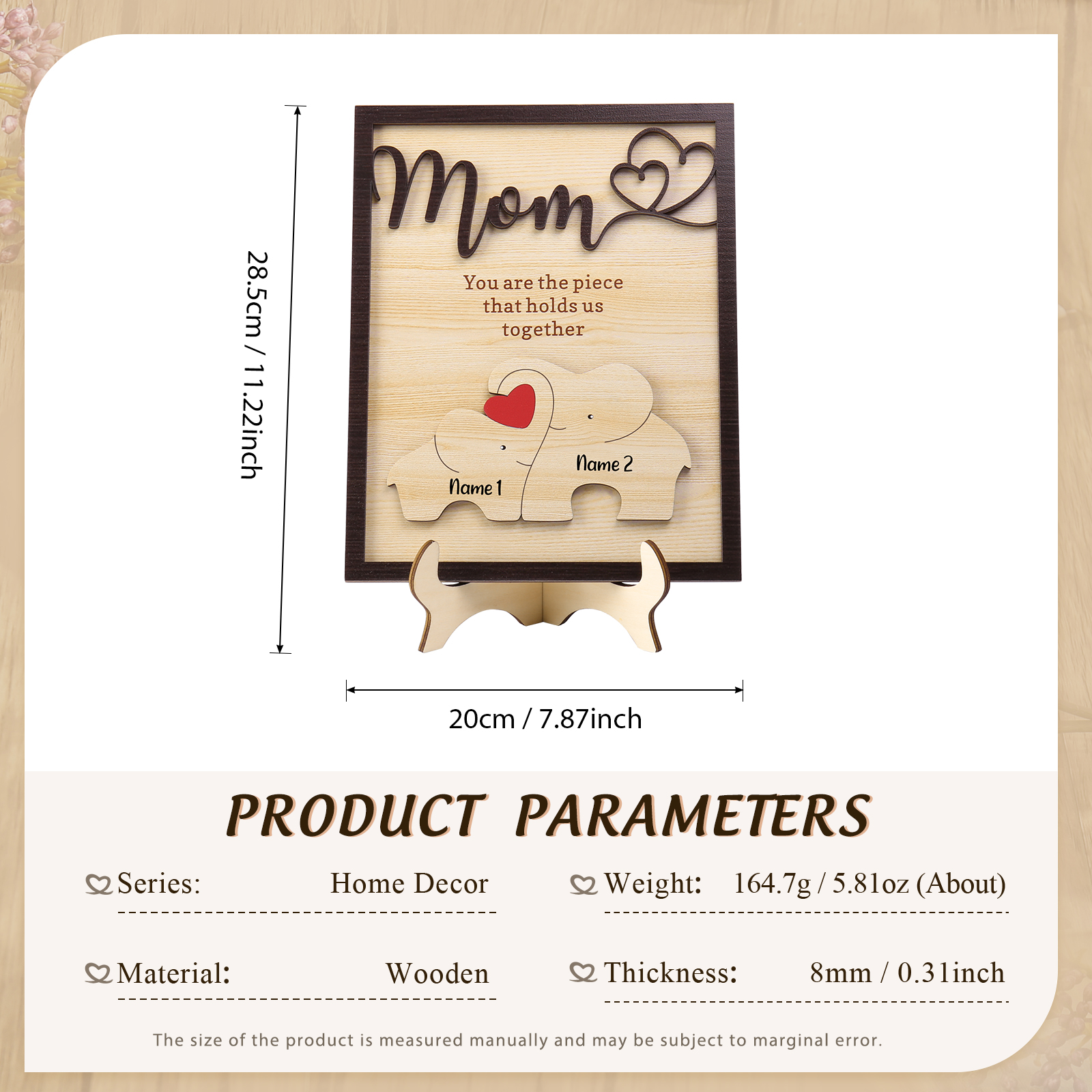 2 Names - Personalized Home Frame Wooden Ornaments Cute Elephant Style Ornaments for Mom