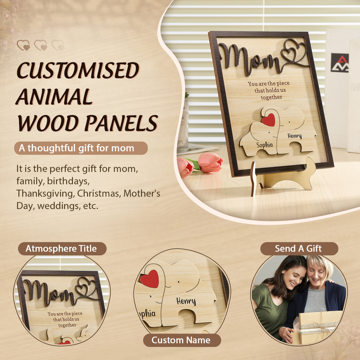 2 Names - Personalized Home Frame Wooden Ornaments Cute Elephant Style Ornaments for Mom