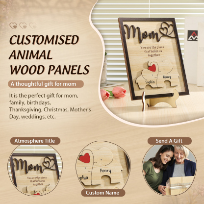 2 Names - Personalized Home Frame Wooden Ornaments Cute Elephant Style Ornaments for Mom