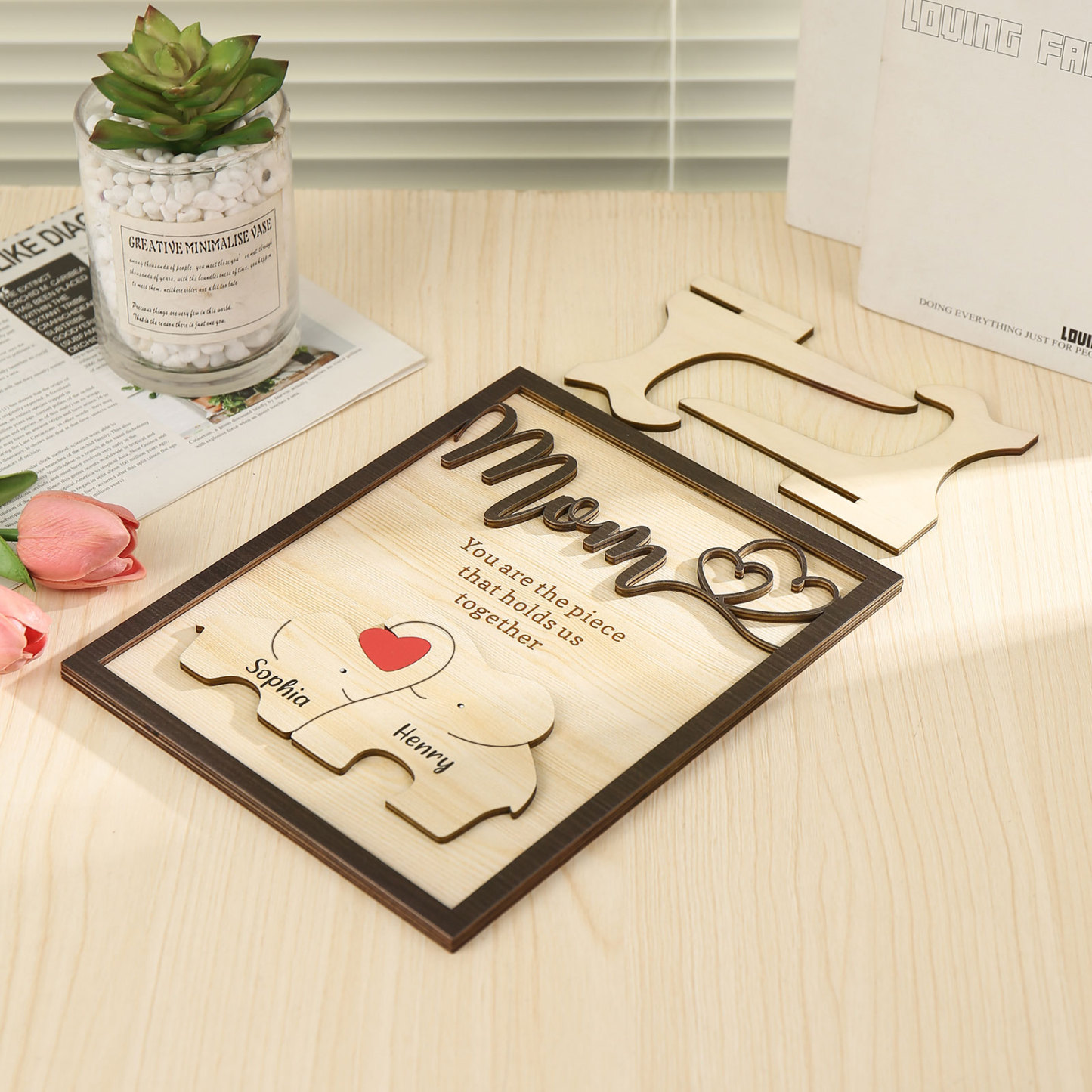 2 Names - Personalized Home Frame Wooden Ornaments Cute Elephant Style Ornaments for Mom