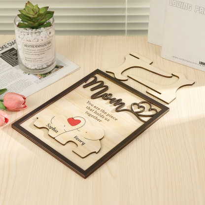 2 Names - Personalized Home Frame Wooden Ornaments Cute Elephant Style Ornaments for Mom