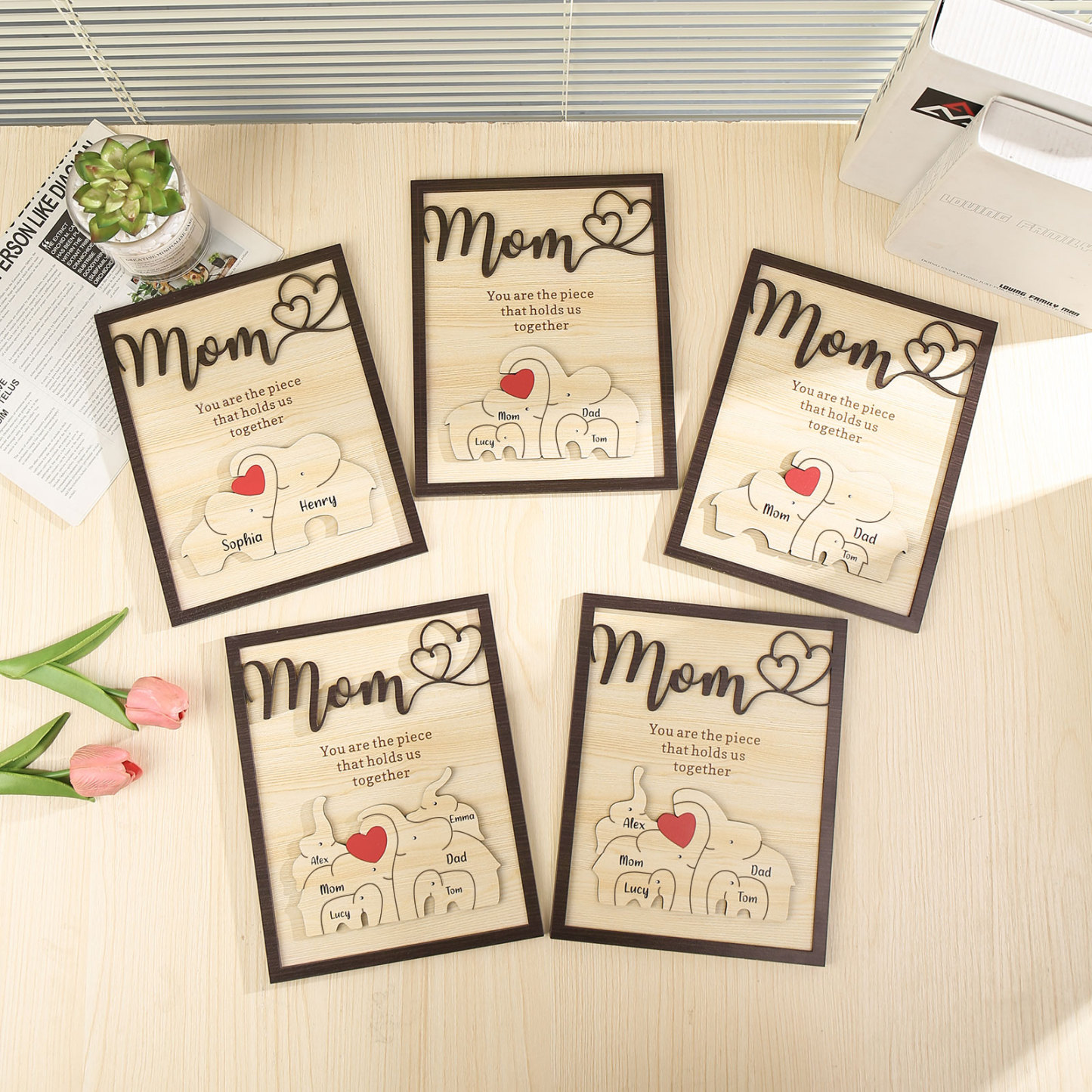 5 Names - Personalized Home Frame Wooden Ornaments Cute Elephant Style Ornaments for Mom