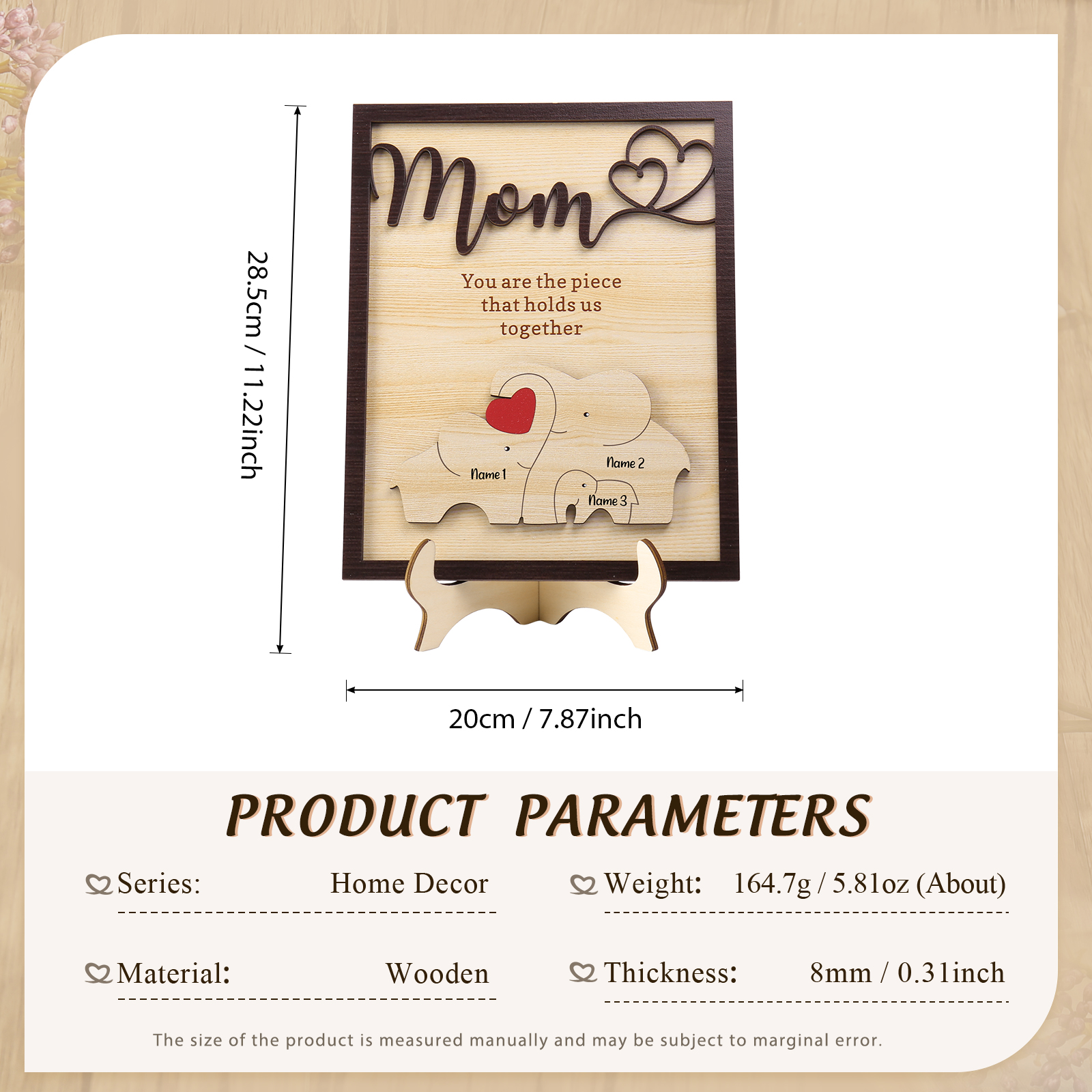 3 Names - Personalized Home Frame Wooden Ornaments Cute Elephant Style Ornaments for Mom