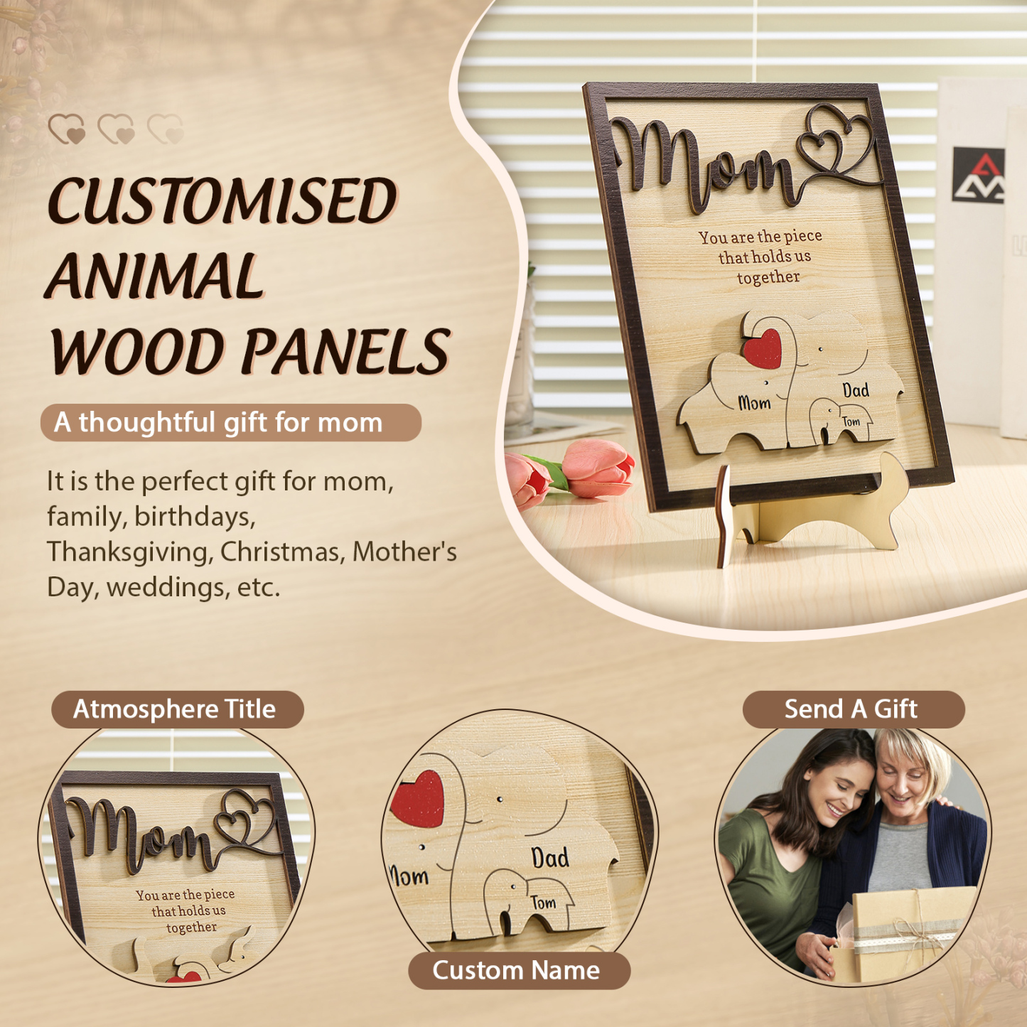 3 Names - Personalized Home Frame Wooden Ornaments Cute Elephant Style Ornaments for Mom