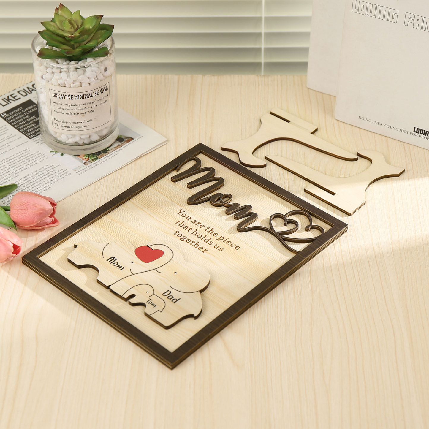 3 Names - Personalized Home Frame Wooden Ornaments Cute Elephant Style Ornaments for Mom