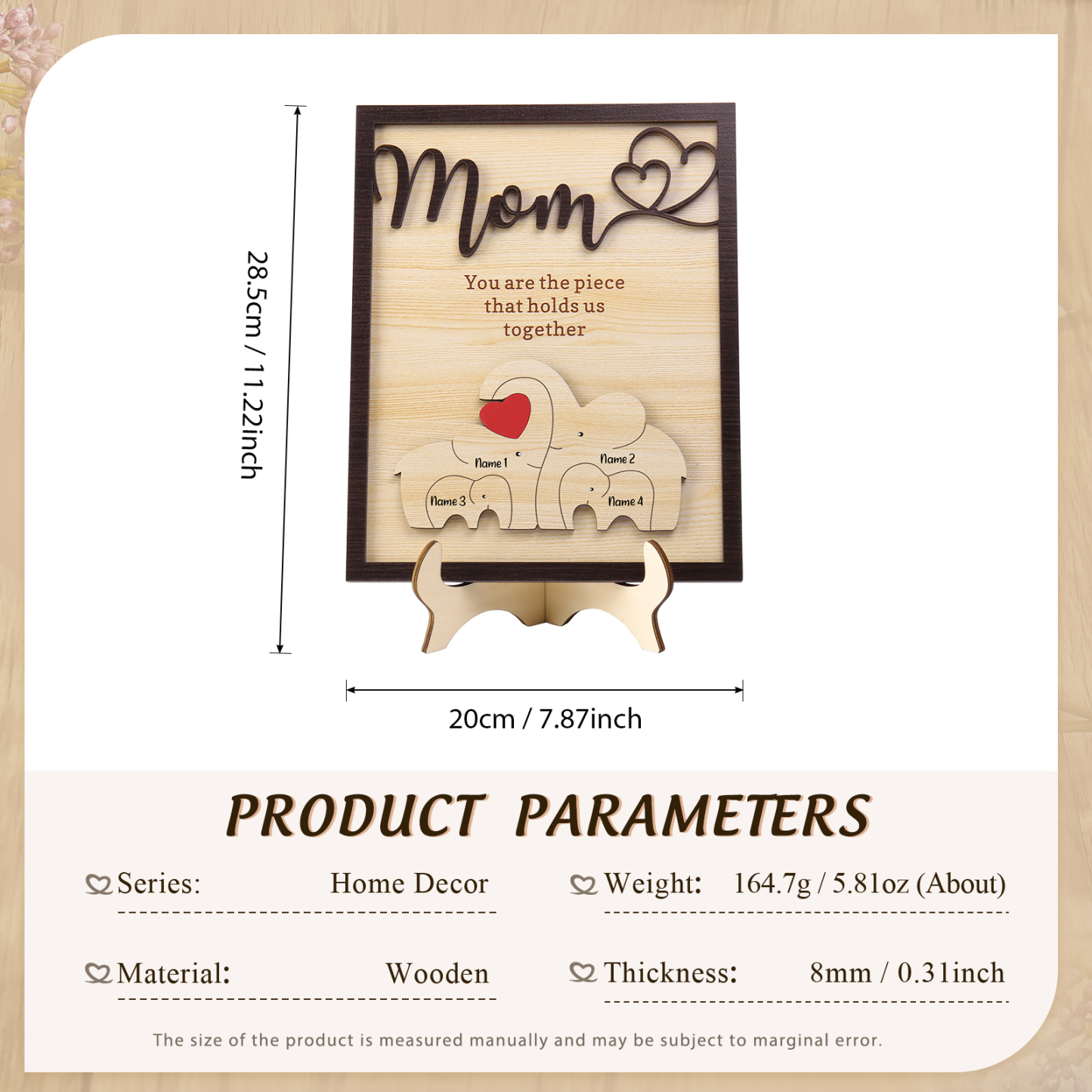 4 Names - Personalized Home Frame Wooden Ornaments Cute Elephant Style Ornaments for Mom