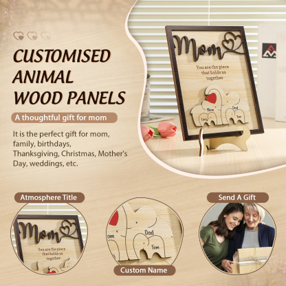 4 Names - Personalized Home Frame Wooden Ornaments Cute Elephant Style Ornaments for Mom