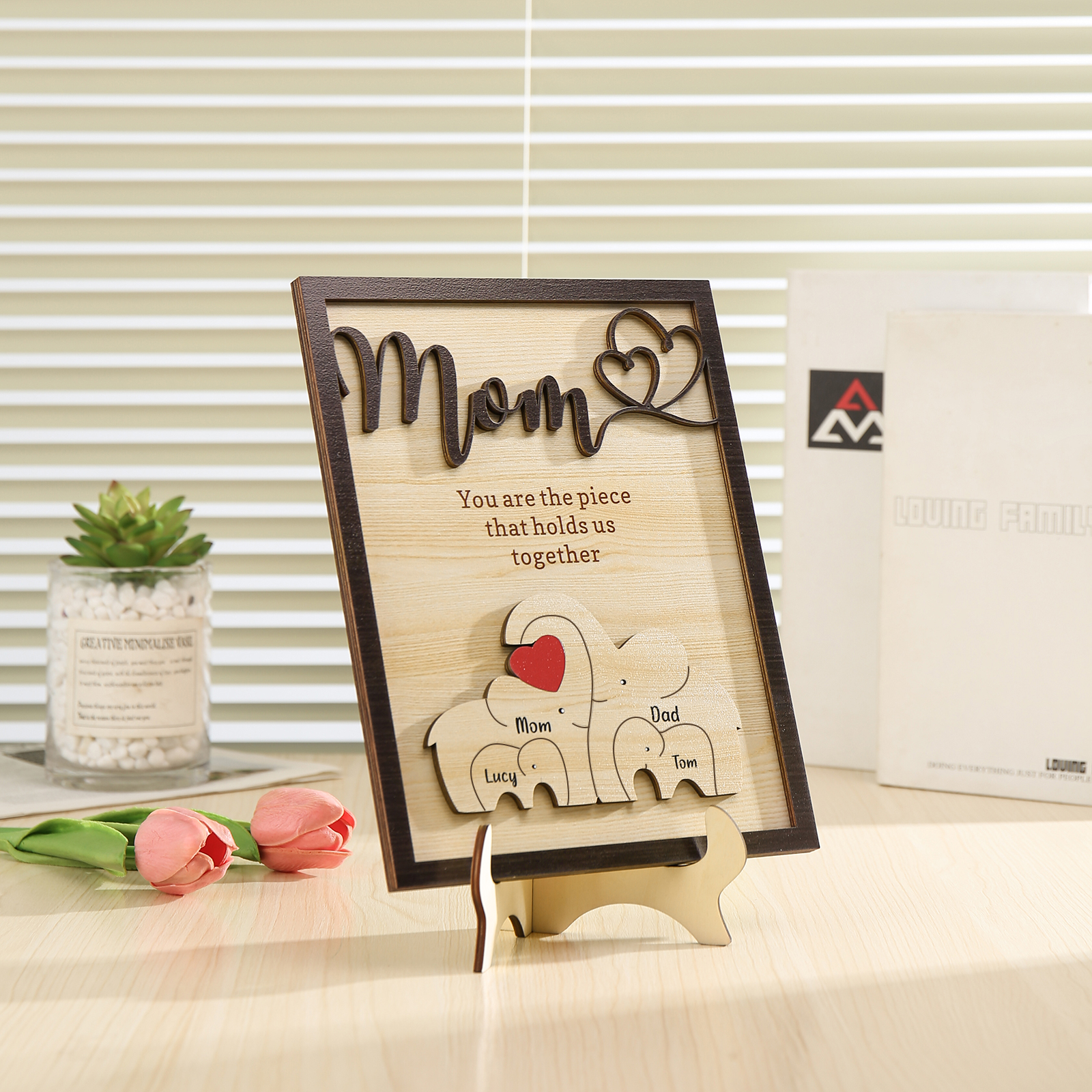 4 Names - Personalized Home Frame Wooden Ornaments Cute Elephant Style Ornaments for Mom