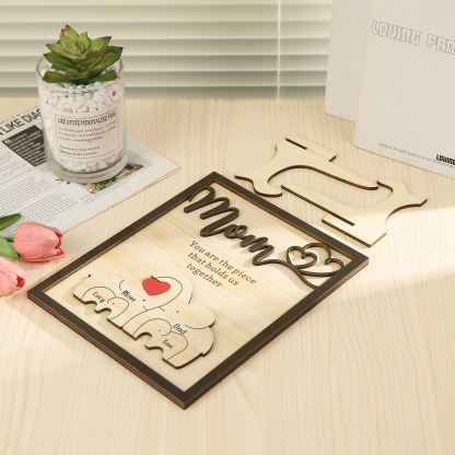 4 Names - Personalized Home Frame Wooden Ornaments Cute Elephant Style Ornaments for Mom