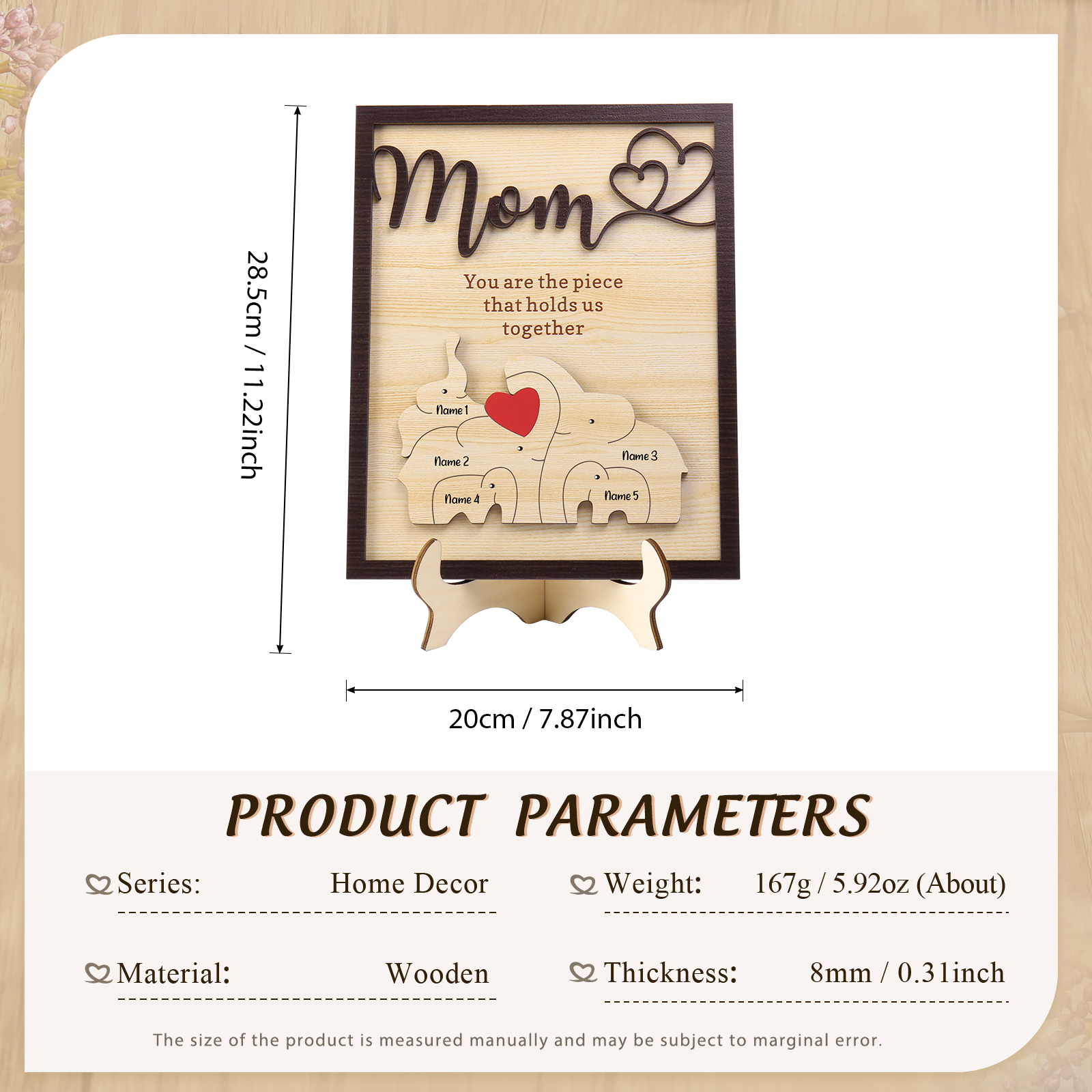 5 Names - Personalized Home Frame Wooden Ornaments Cute Elephant Style Ornaments for Mom