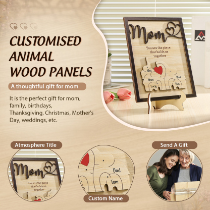 5 Names - Personalized Home Frame Wooden Ornaments Cute Elephant Style Ornaments for Mom