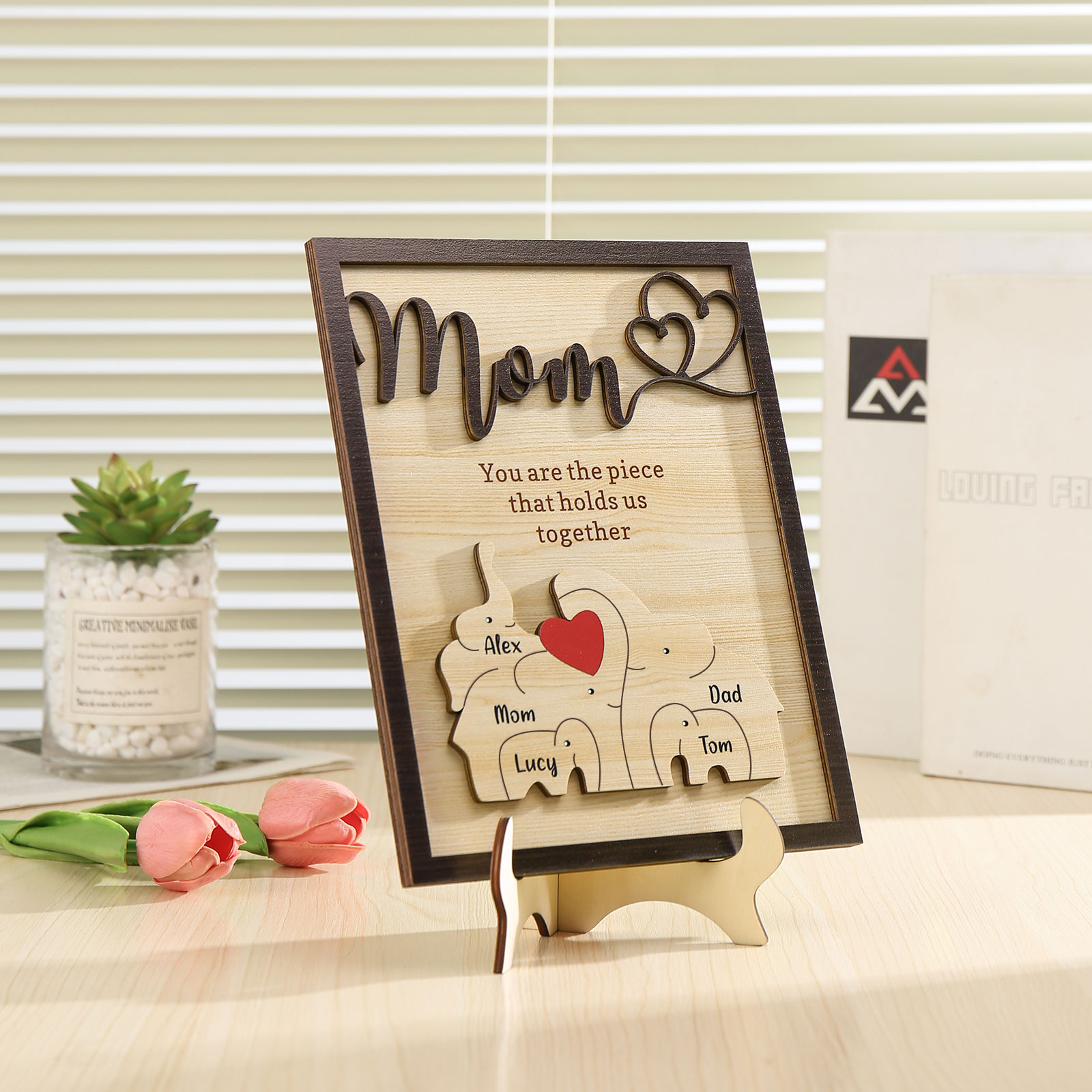 5 Names - Personalized Home Frame Wooden Ornaments Cute Elephant Style Ornaments for Mom