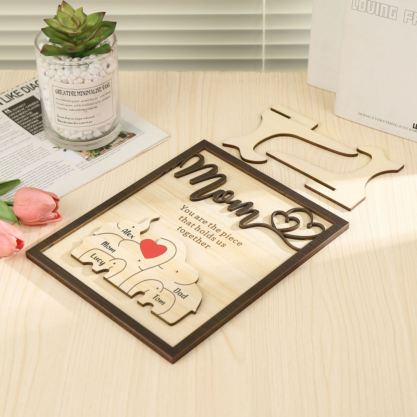 5 Names - Personalized Home Frame Wooden Ornaments Cute Elephant Style Ornaments for Mom