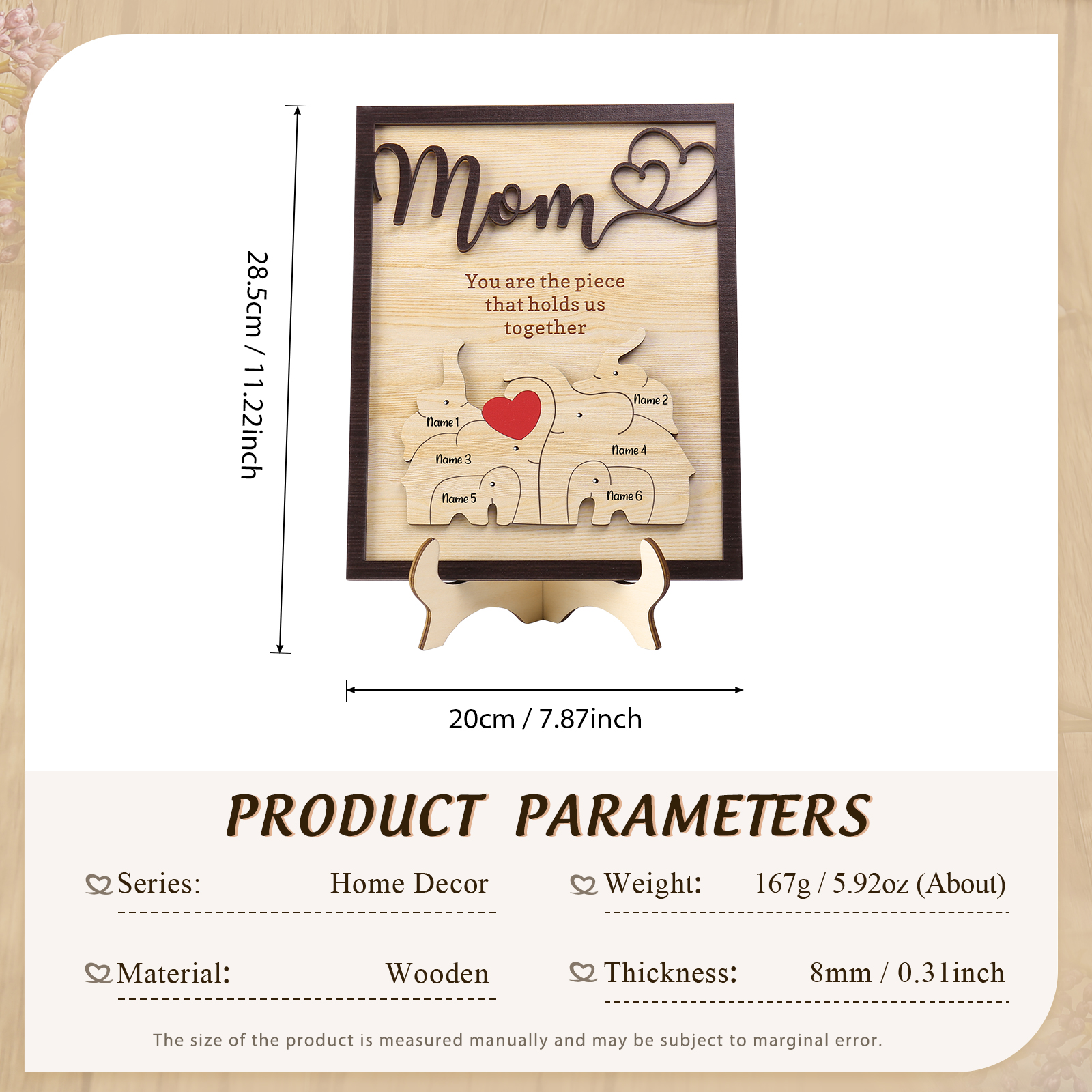 6 Names - Personalized Home Frame Wooden Ornaments Cute Elephant Style Ornaments for Mom