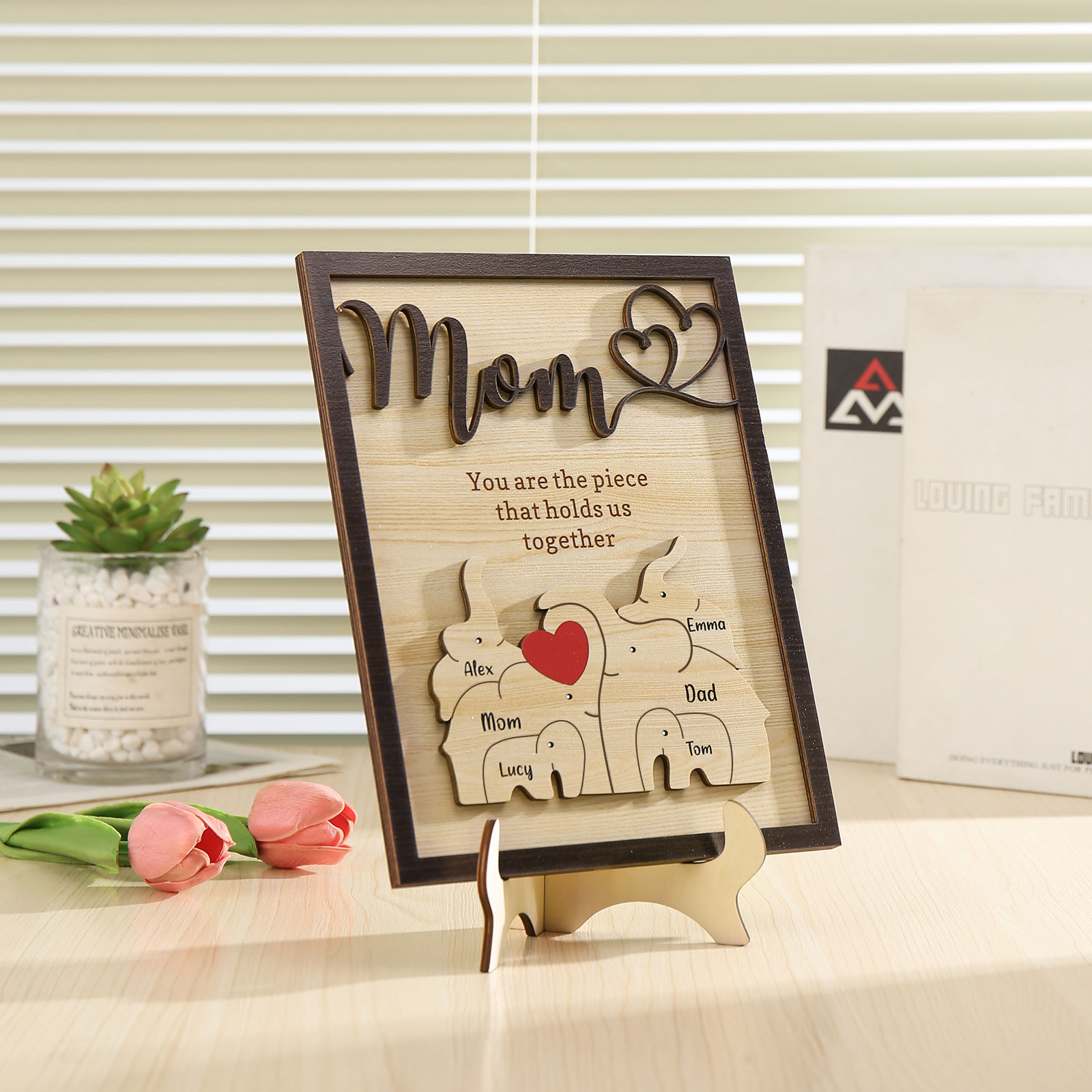 6 Names - Personalized Home Frame Wooden Ornaments Cute Elephant Style Ornaments for Mom