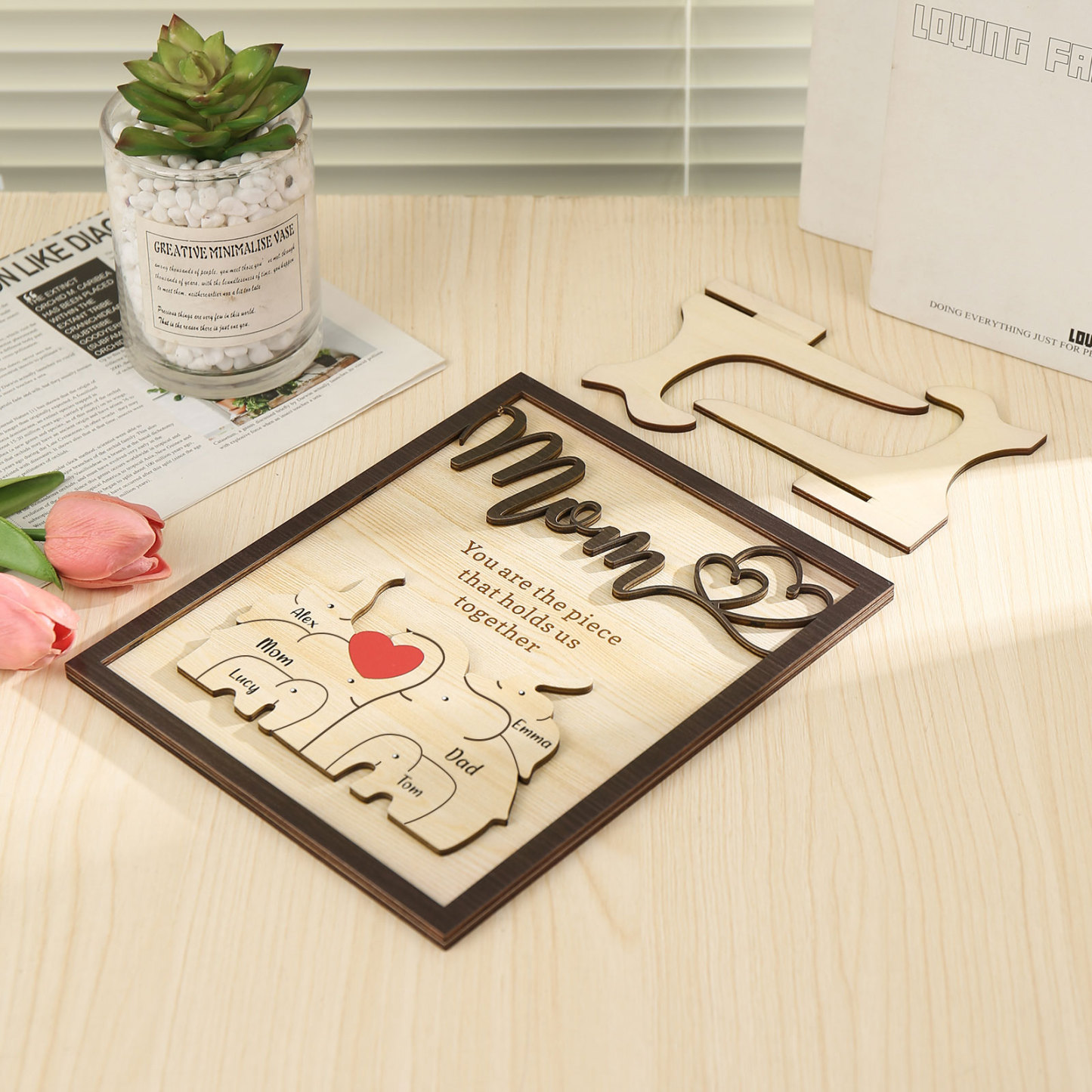 6 Names - Personalized Home Frame Wooden Ornaments Cute Elephant Style Ornaments for Mom