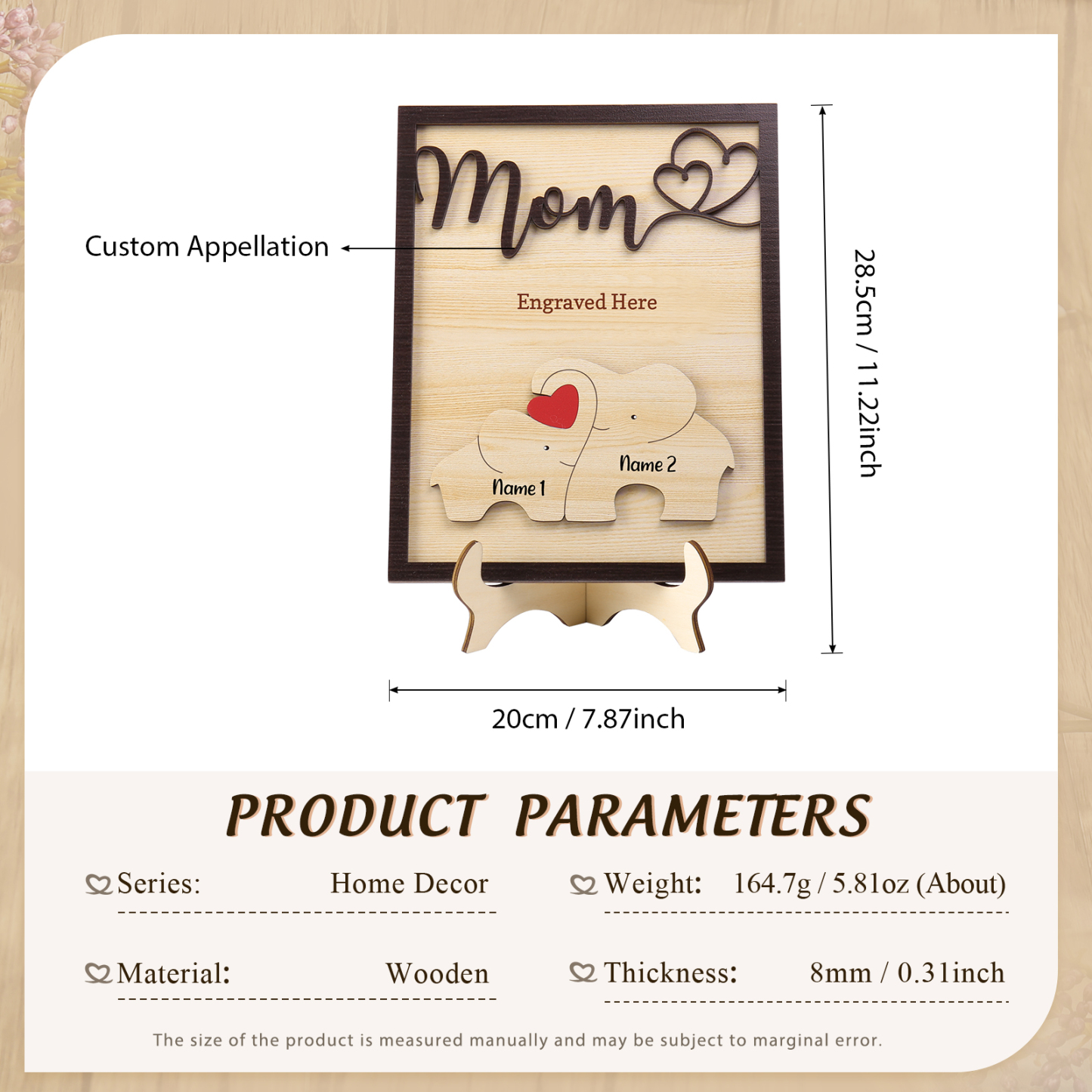 2 Names - Personalized Cute Elephant Style Home Frame Wooden Ornament with Customizable Calling and Text for Mom